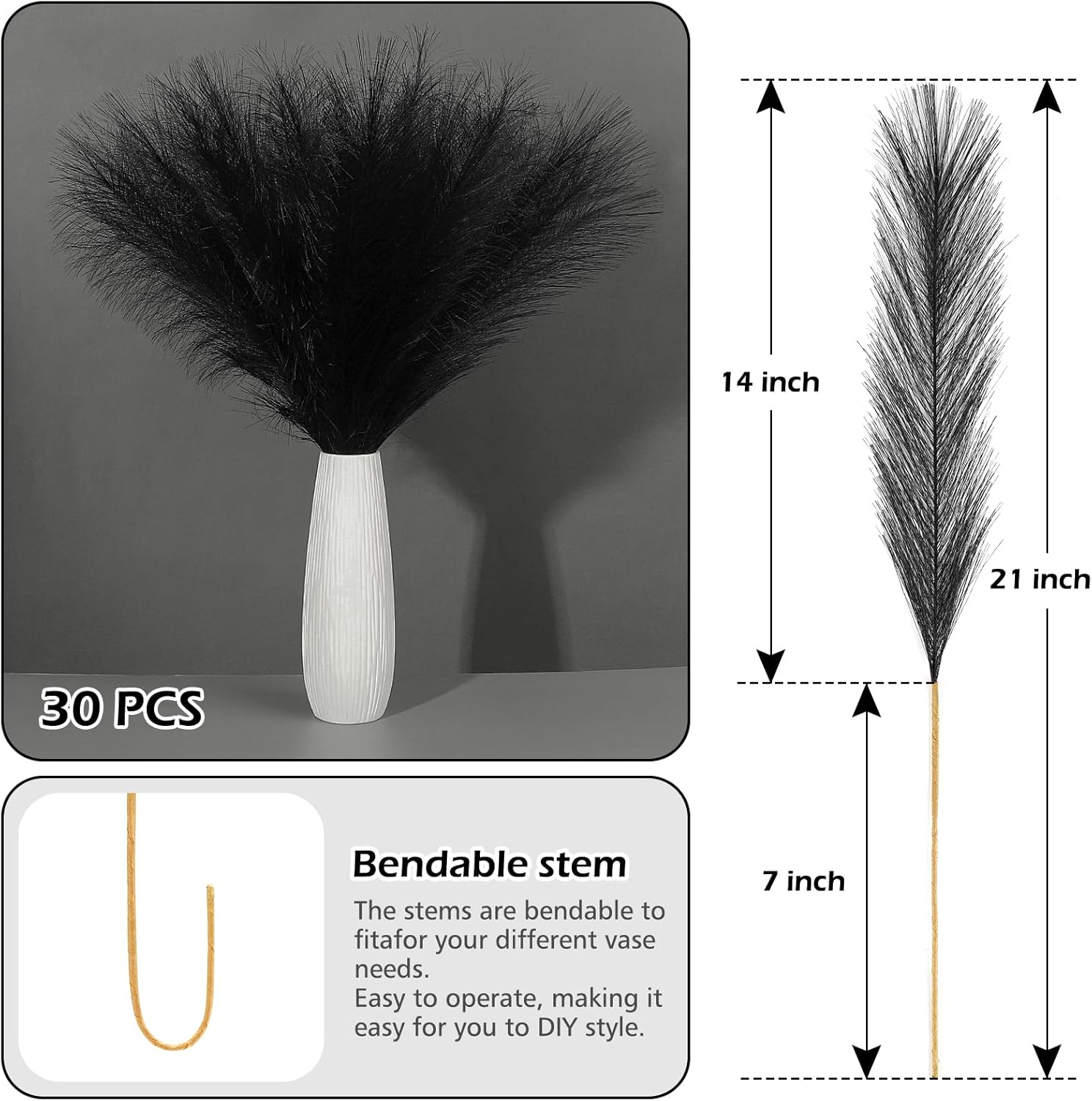 SeptCat 30 Pcs Black Pampas Grass Decor