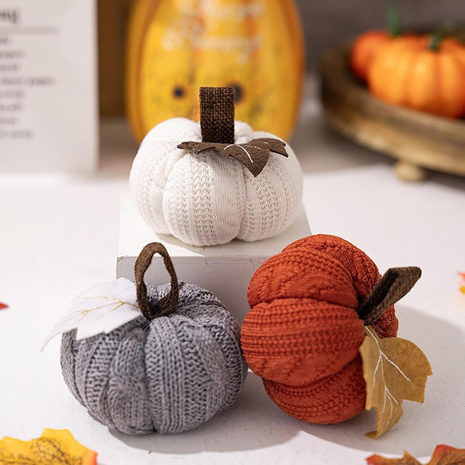 BestAlice Artificial Crochet Knit Pumpkins Set of 3