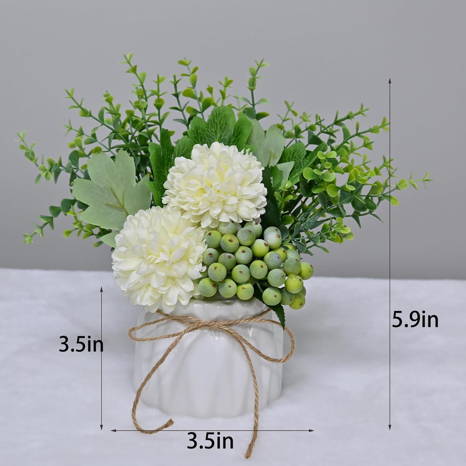 LADADA Artificial Hydrangea and Eucalyptus Fake Plant in White Ceramic Vase