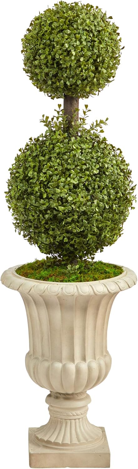 Nearly Natural 4ft Double Boxwood Topiary with Sand Urn