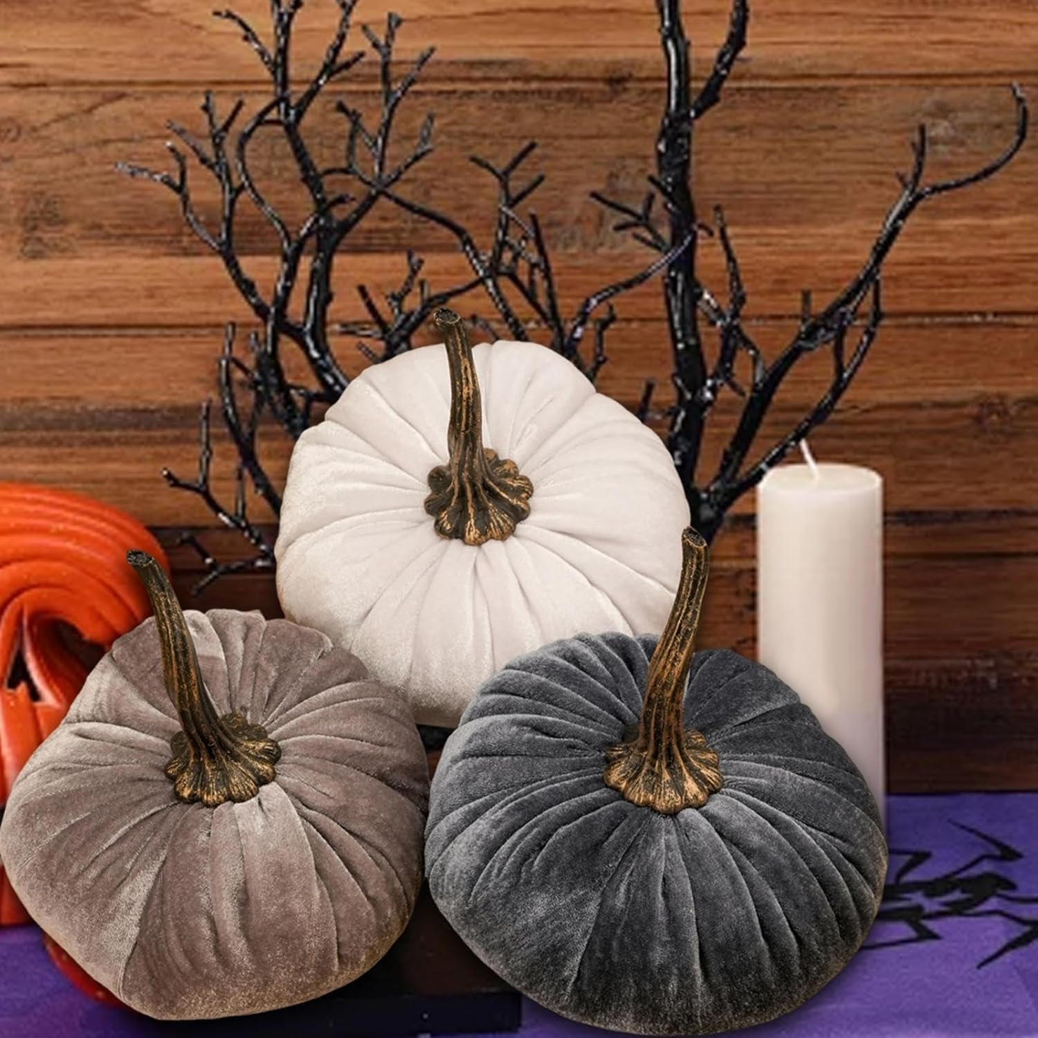 3pcs Artificial Velvet Pumpkins Decoration Set - Style A