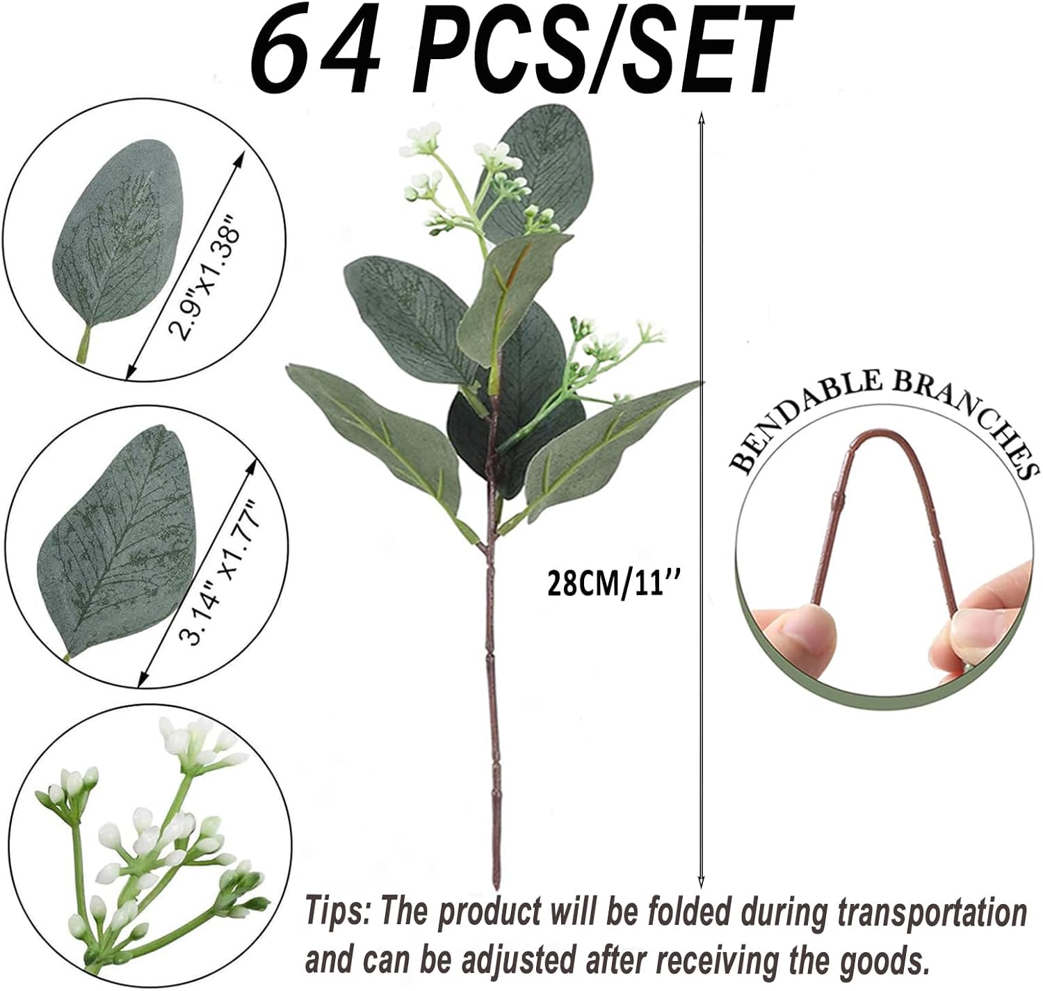 64 pcs Artificial Greenery Stems with 384 Leaves for Floral Arrangements