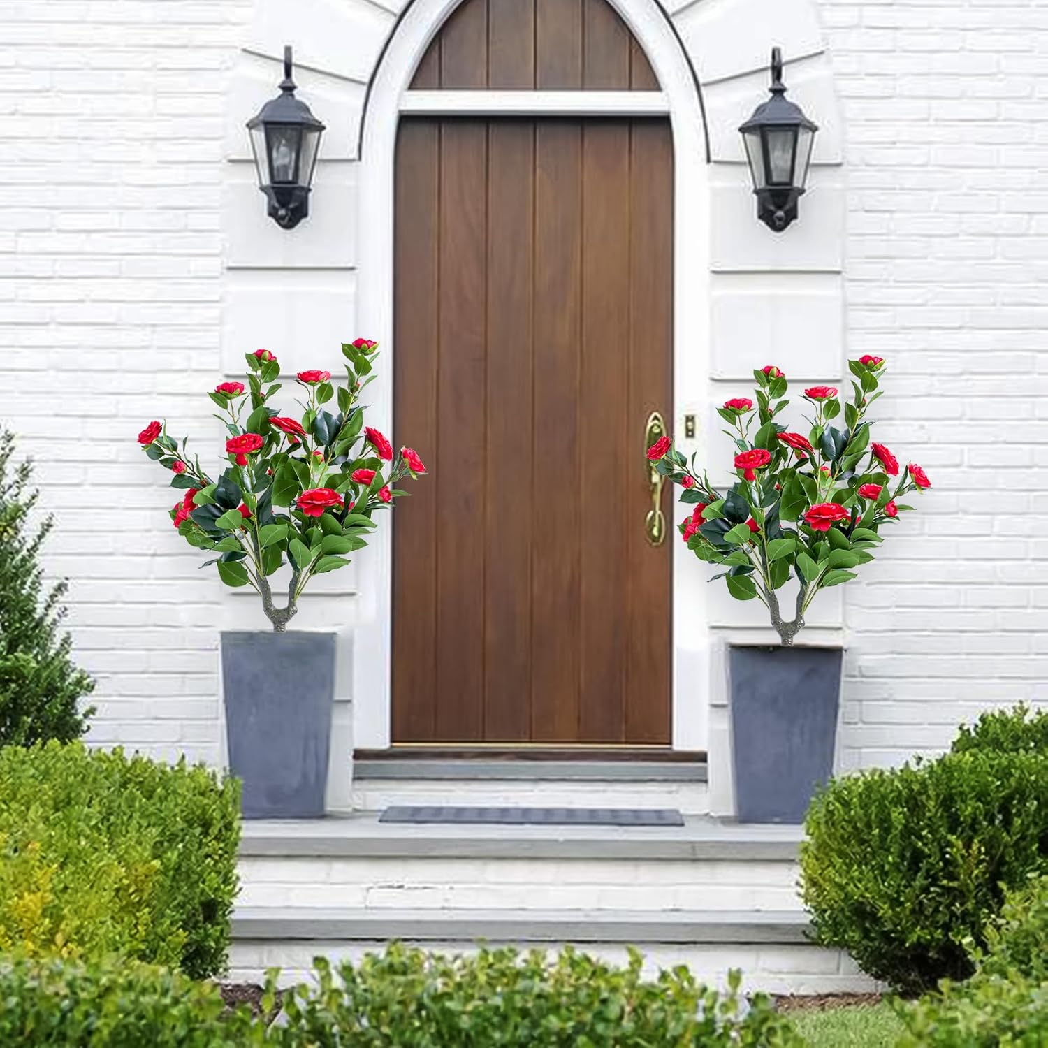 Set of 4 Artificial Red Topiary Ball Trees with Metal Stakes