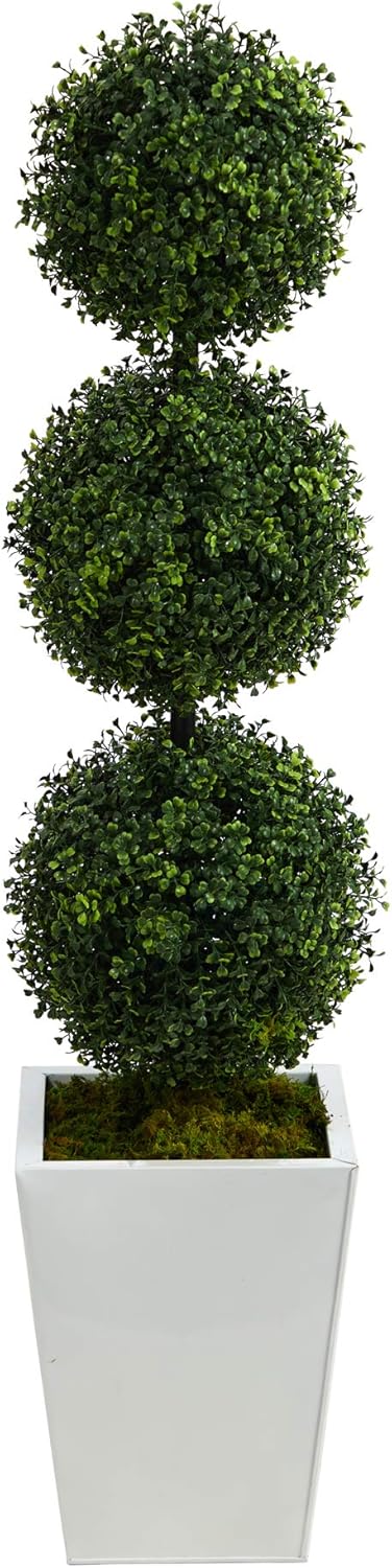Nearly Natural 46in Boxwood Triple Ball Topiary Artificial Tree in White Metal Planter