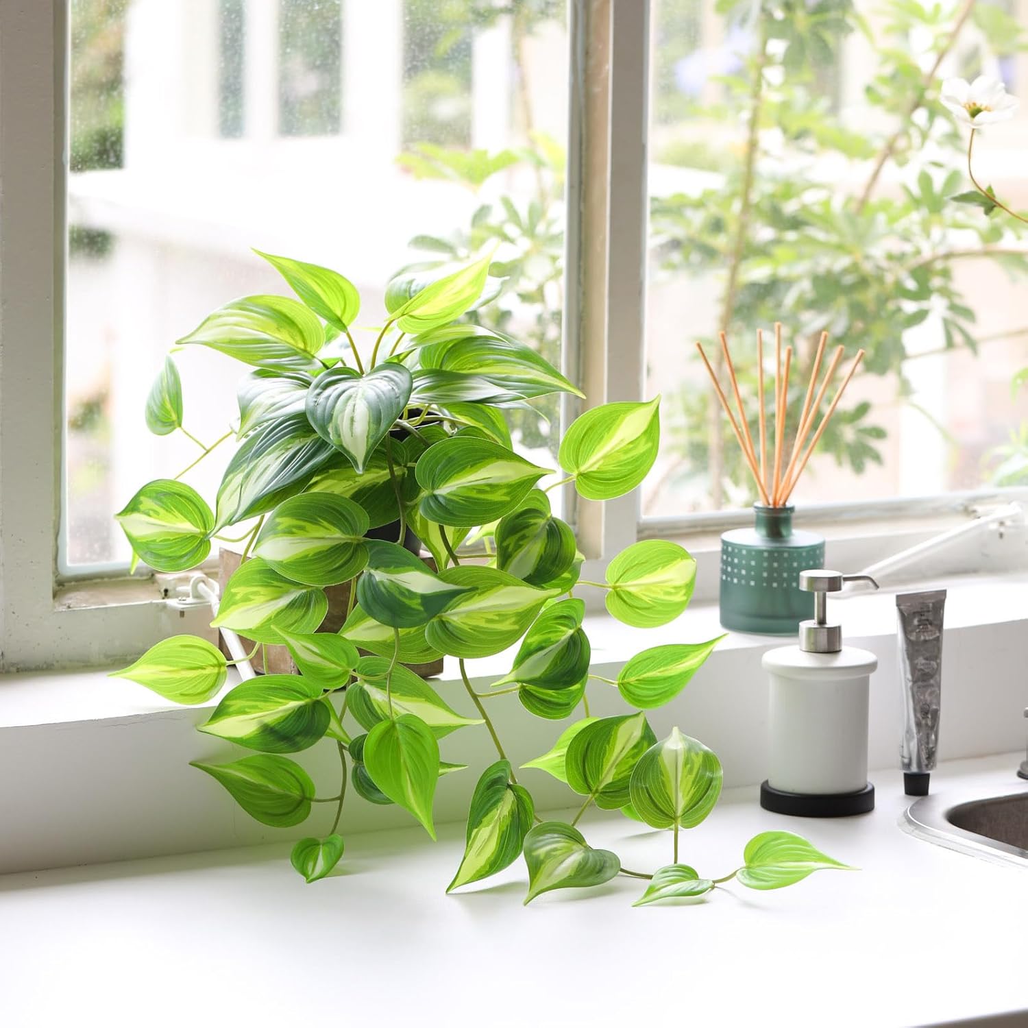 LuckyGreenery Artificial Devils Ivy Golden Pothos Hanging Plant 26in