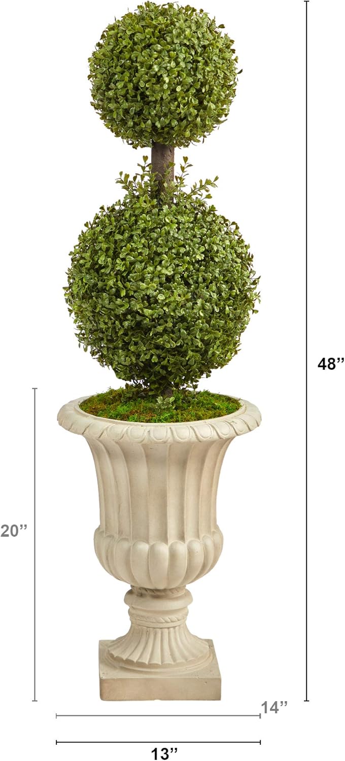 Nearly Natural 4ft Double Boxwood Topiary with Sand Urn