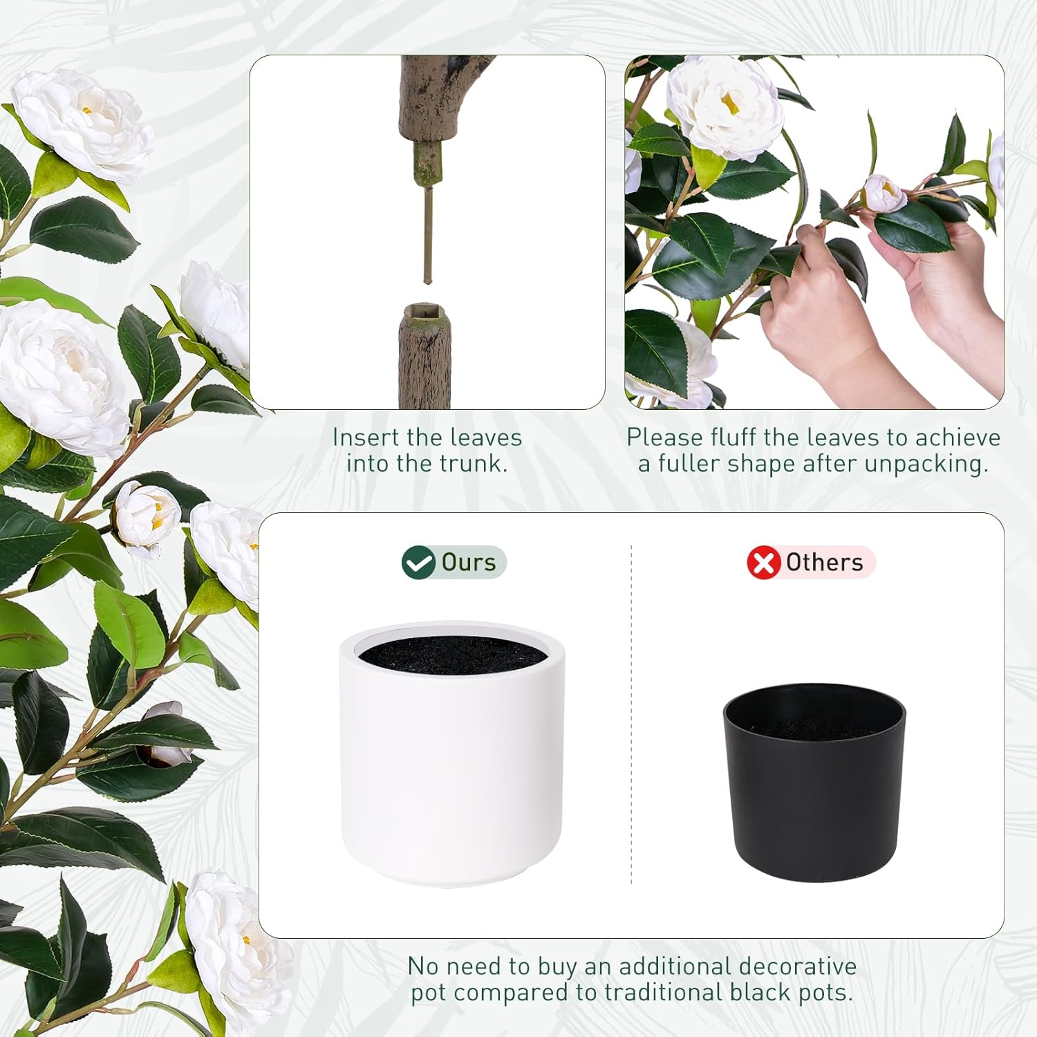 47 Inch Artificial Camellia Tree with White Flower Pots - 2 Pack