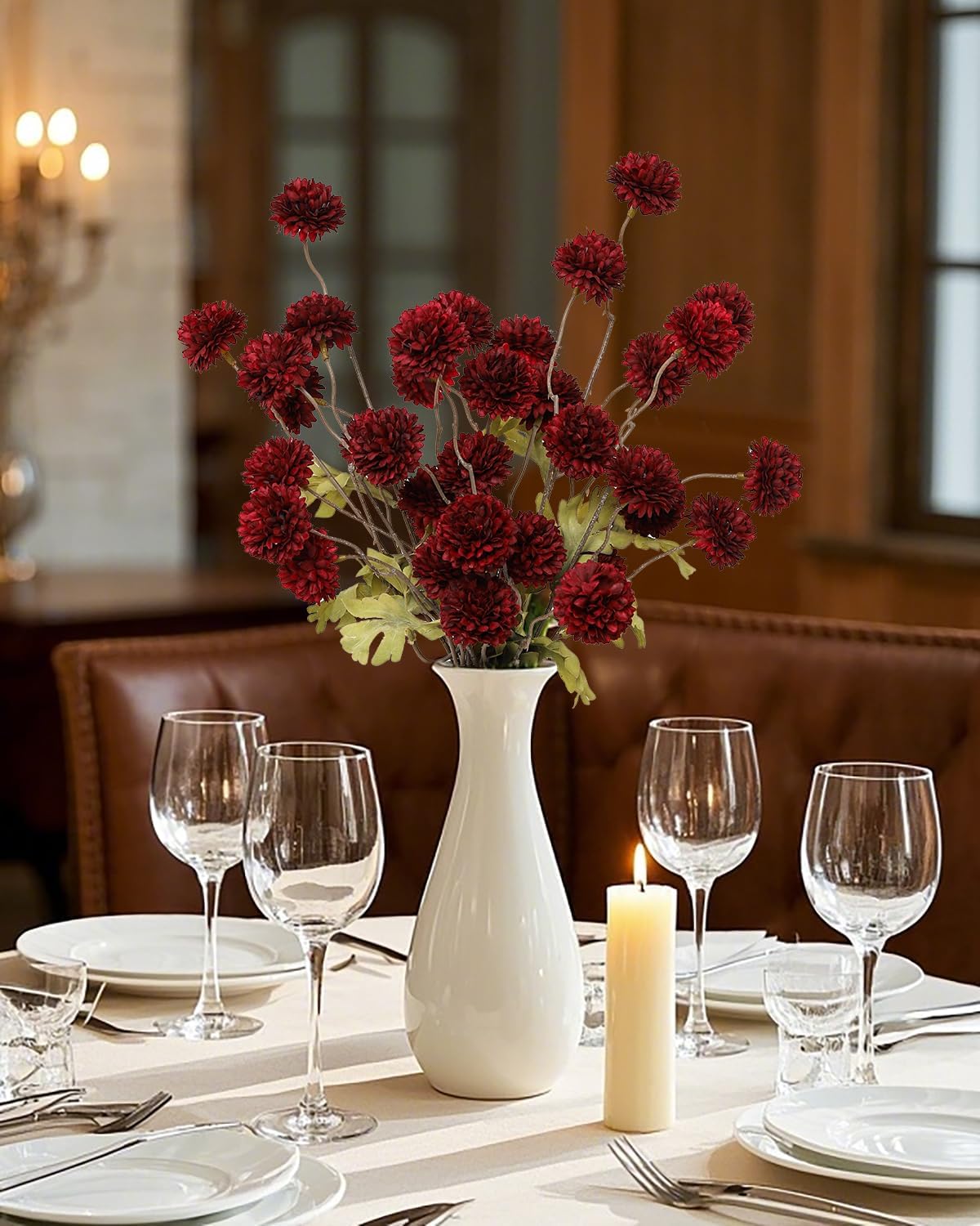 DuHouse 6pcs Artificial Flowers Faux Silk Pompon Mum with Stems
