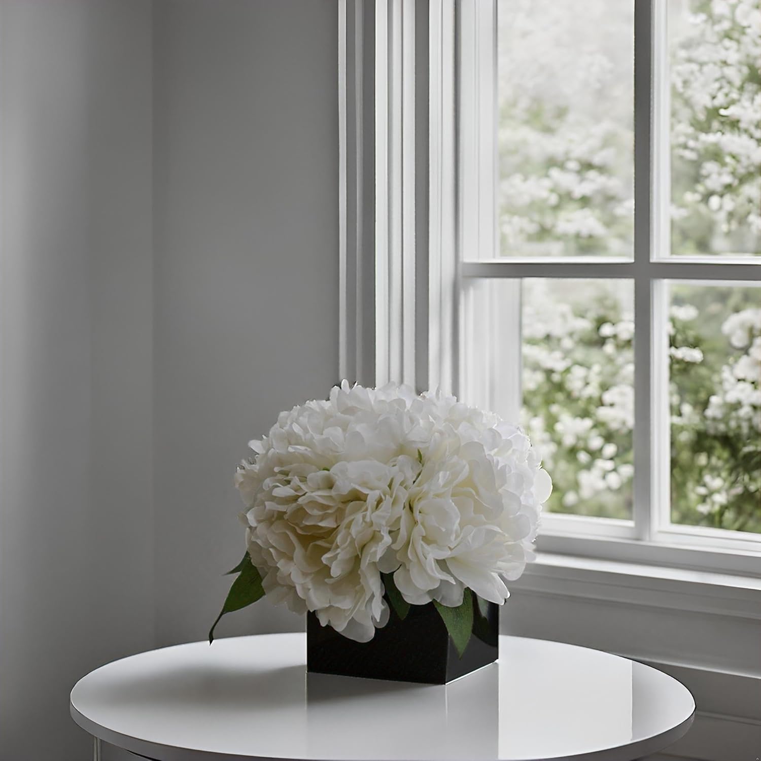 LADADA Artificial Peony Bouquet in Square Black Ceramic Vase