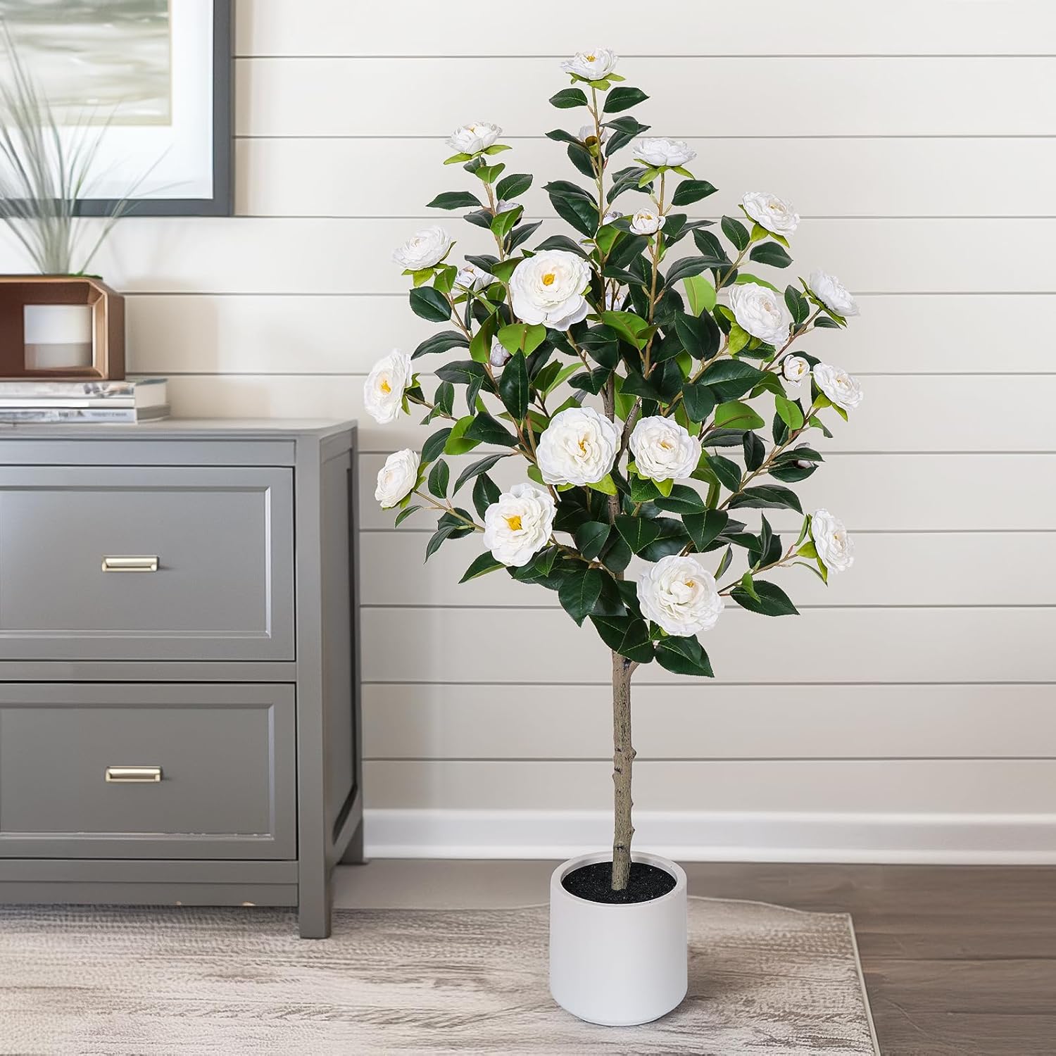 47 Inch Artificial Camellia Tree with White Flower Pots - 2 Pack