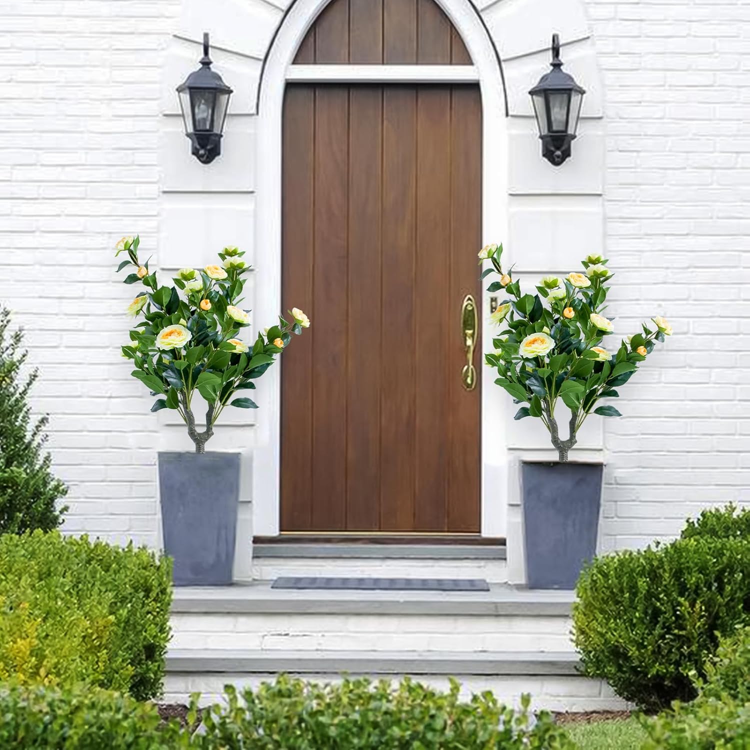 Gaderth 354 Inch Artificial Topiary Tree Set Yellow Camellia