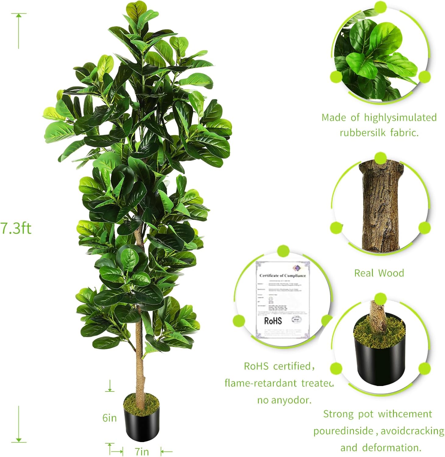 OXLLXO 73ft Artificial Fiddle Leaf Fig Tree with Plastic Pot