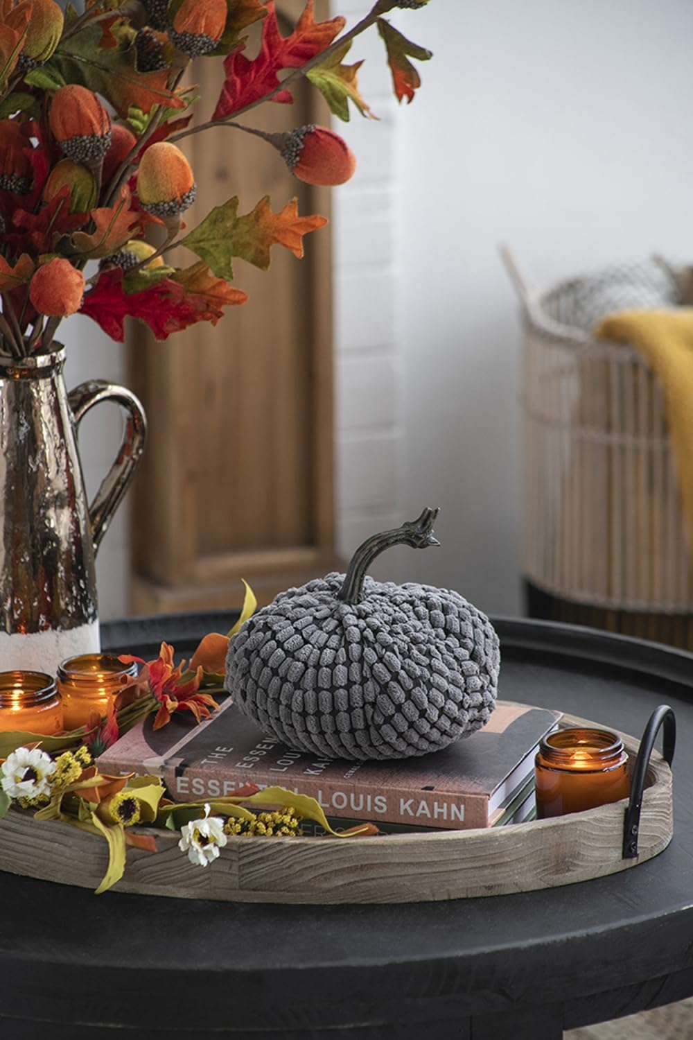 Farmhouse Weighted Pumpkins Set of 2 Gray Chenille Fall Decor