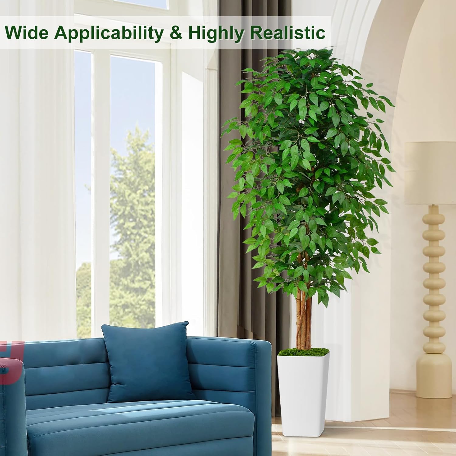 7ft Ficus Artificial Tree with 3 Curved Trunks and White Planter