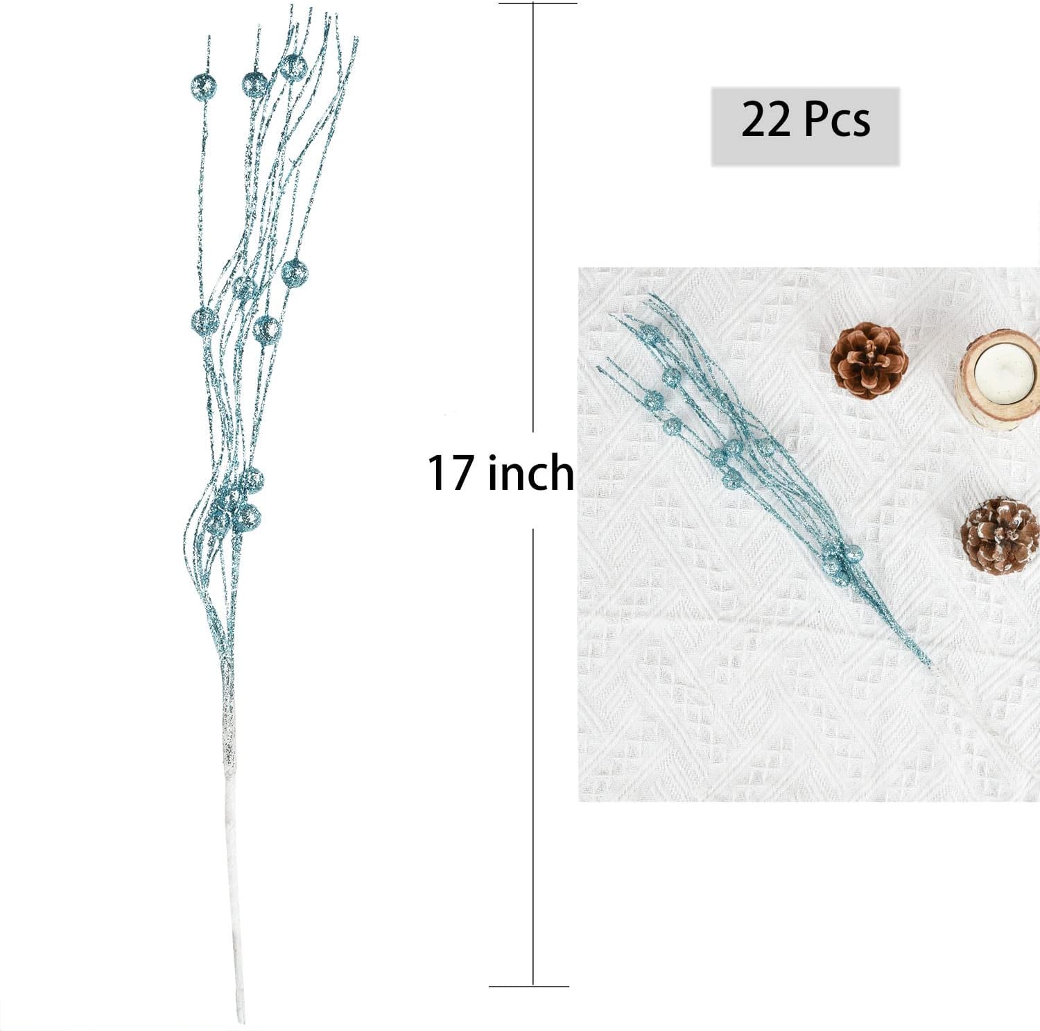 Lvydec 22pcs Christmas Glitter Berries with Stems Blue