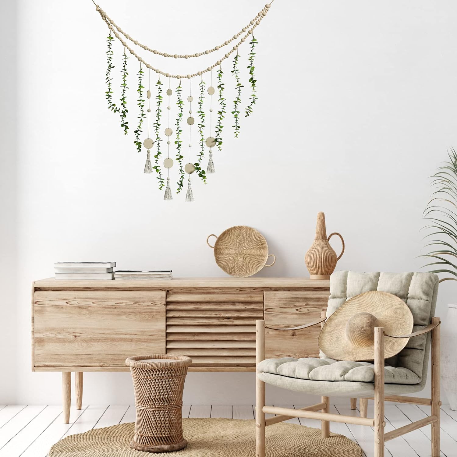 Jetec Boho Wall Hanging with Wooden Beads and Eucalyptus Leaves
