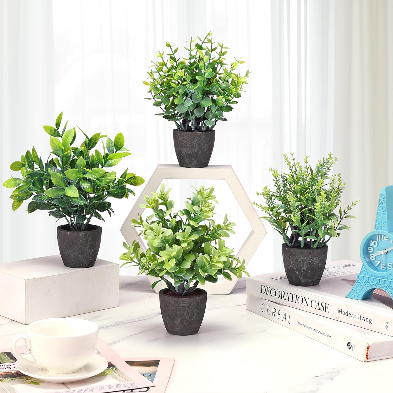 4 Pack Artificial Plants Ceramic Pots Indoor Decor