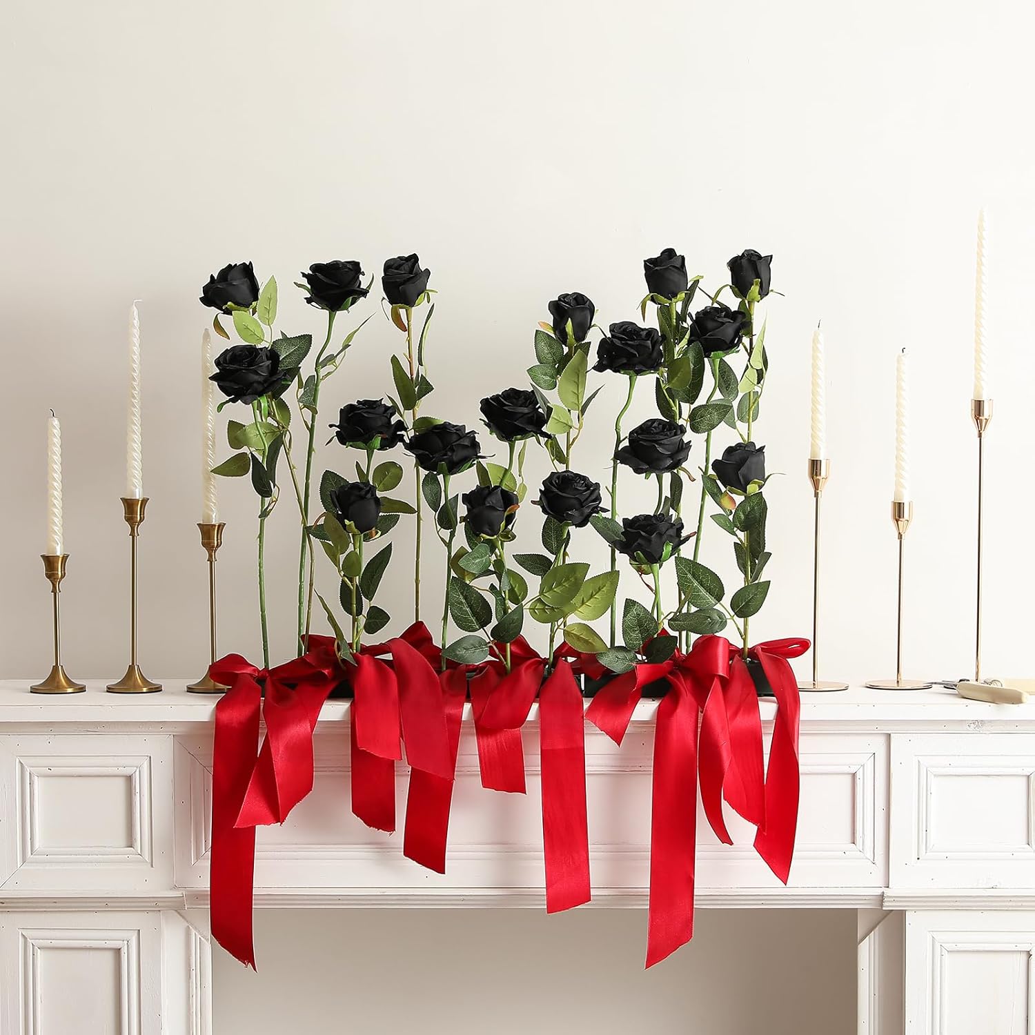 Hawesome 12PCS Artificial Silk Roses Bouquet with Realistic Black Stems
