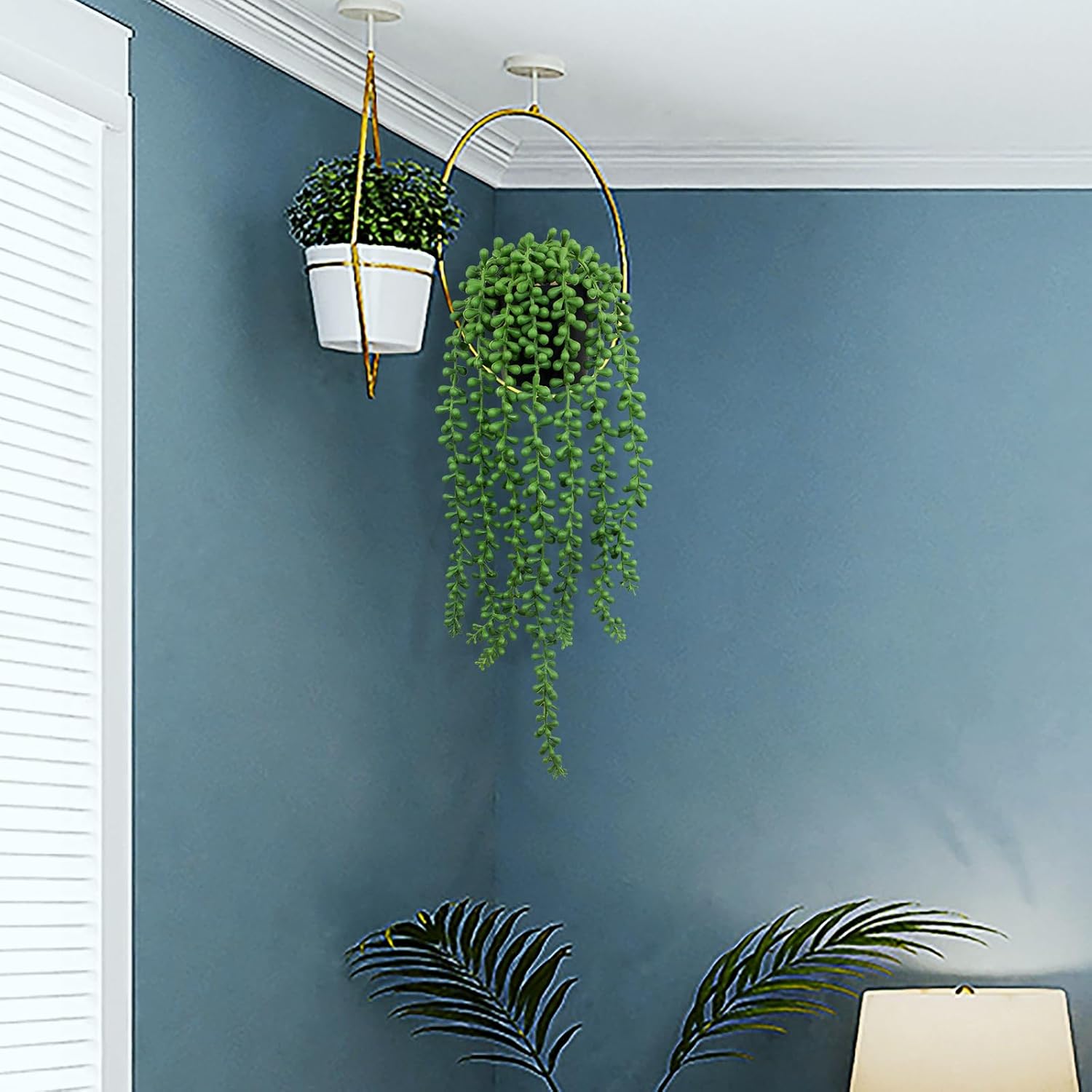 LOYWREE Artificial String of Pearls Hanging Plant in Black Pot