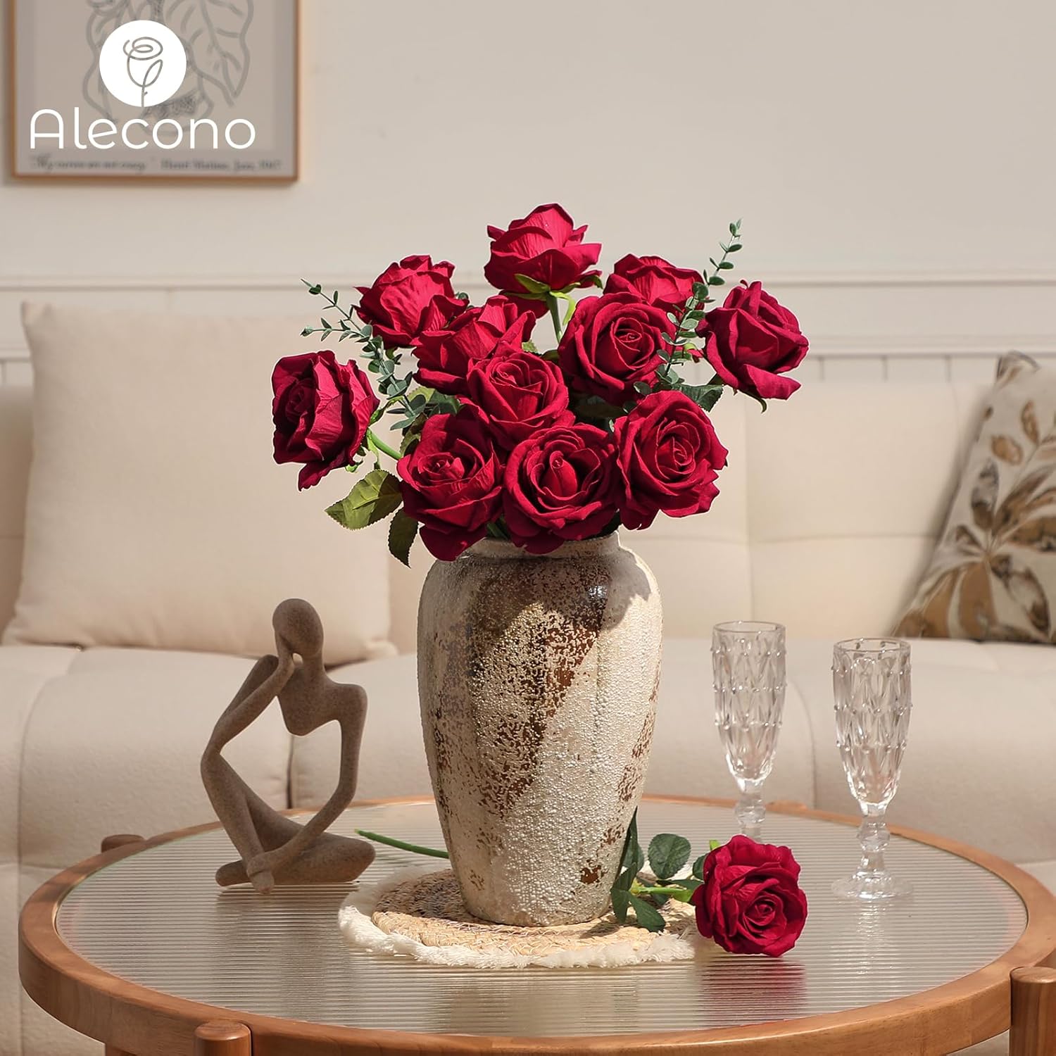 Alecono Real Touch Artificial Roses 20Pcs 4in Red Velvet Flowers