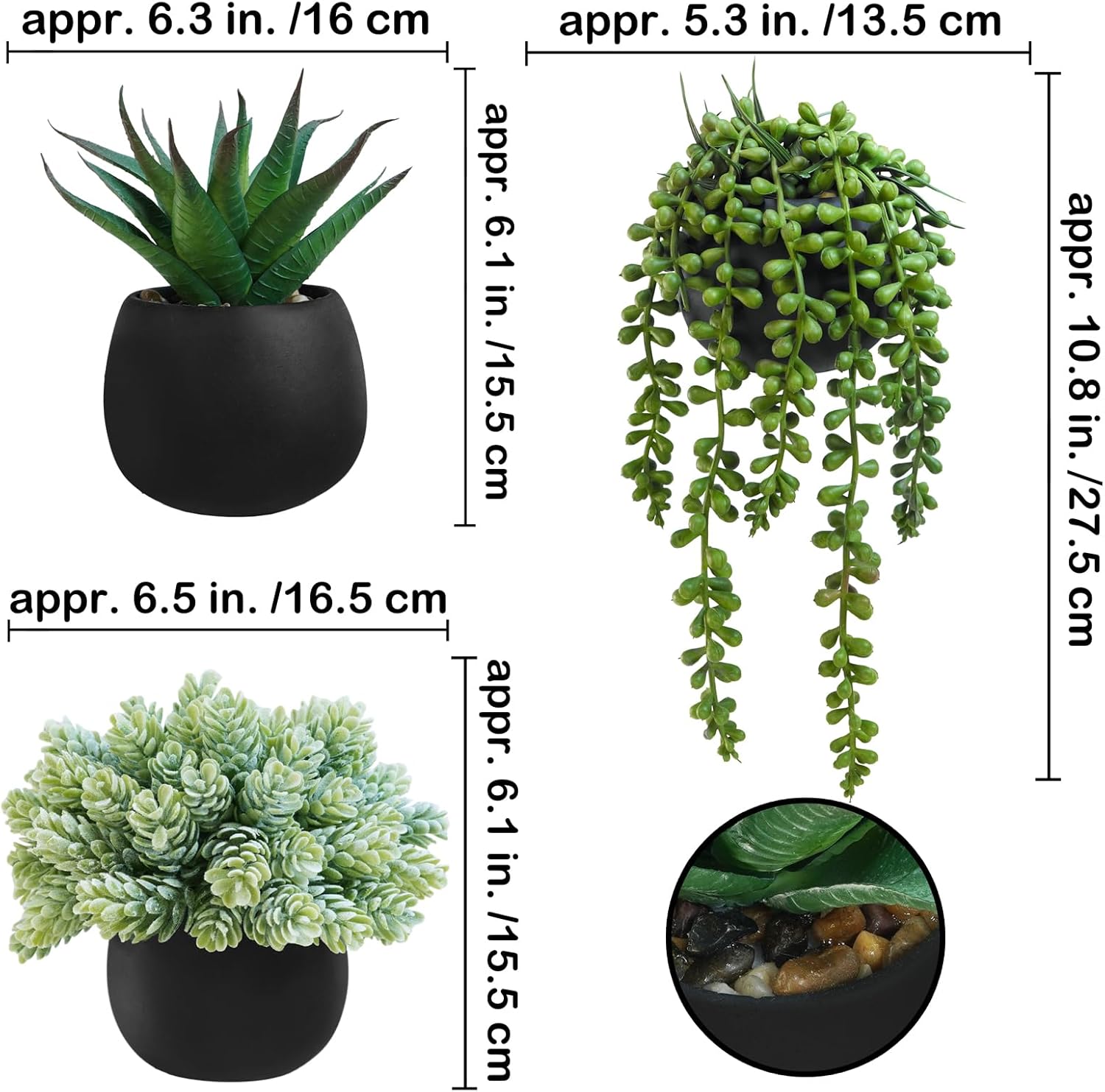 Winlyn Set of 3 Artificial Succulent Plants in Black Concrete Pots