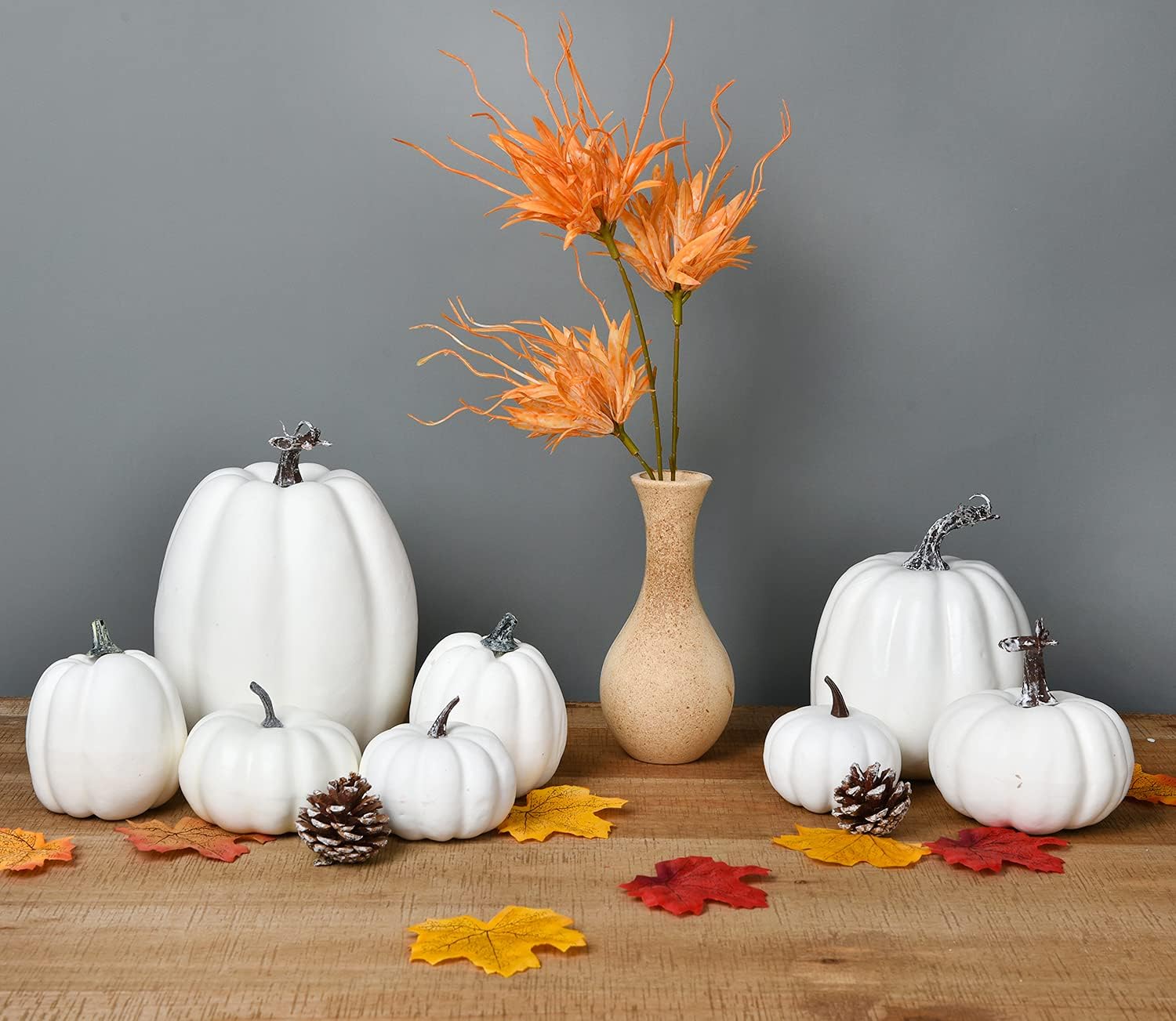 DearHouse 8Pcs Artificial Pumpkins Fall Decor Set with 2Pcs Pinecones