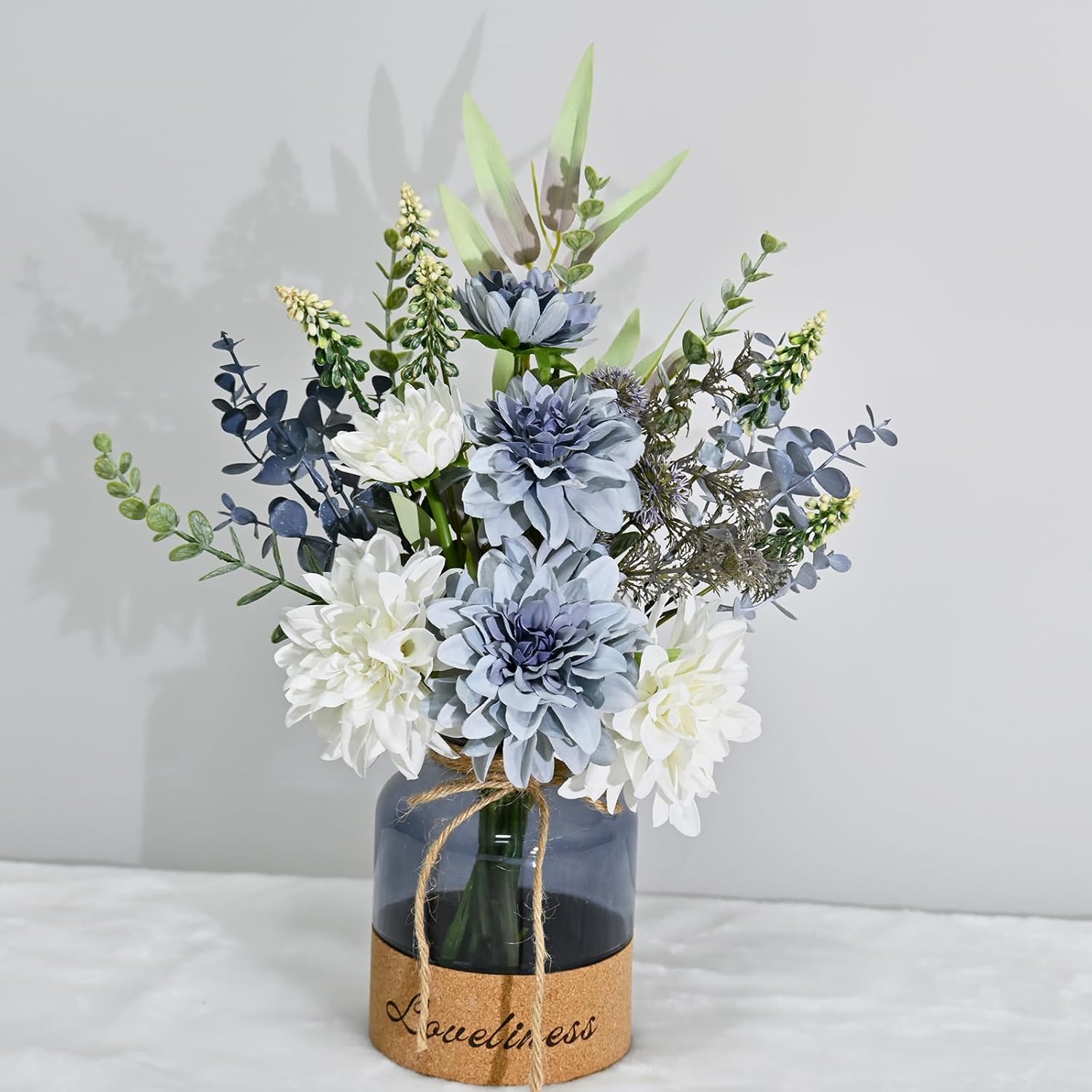 LADADA Floral Arrangement with White and Blue Flowers in Glass Vase