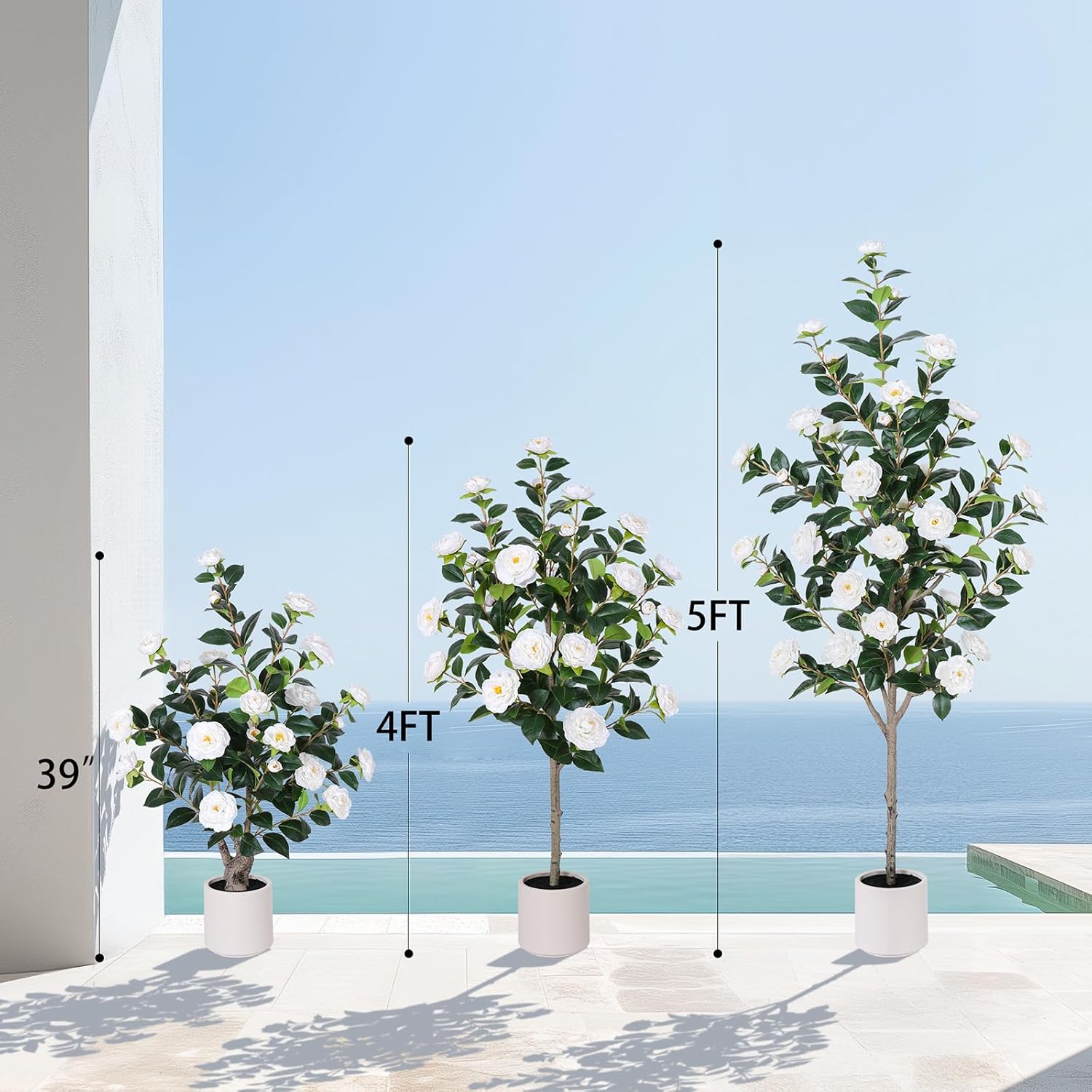 47 Inch Artificial Camellia Tree with White Flower Pots - 2 Pack