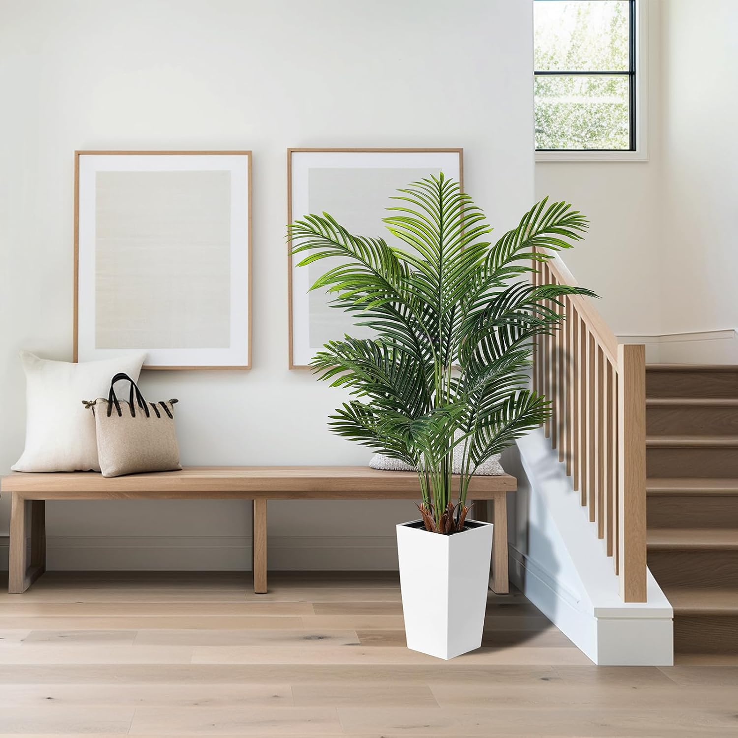 FEELEAD 5FT Artificial Golden Cane Palm Tree with White Planter