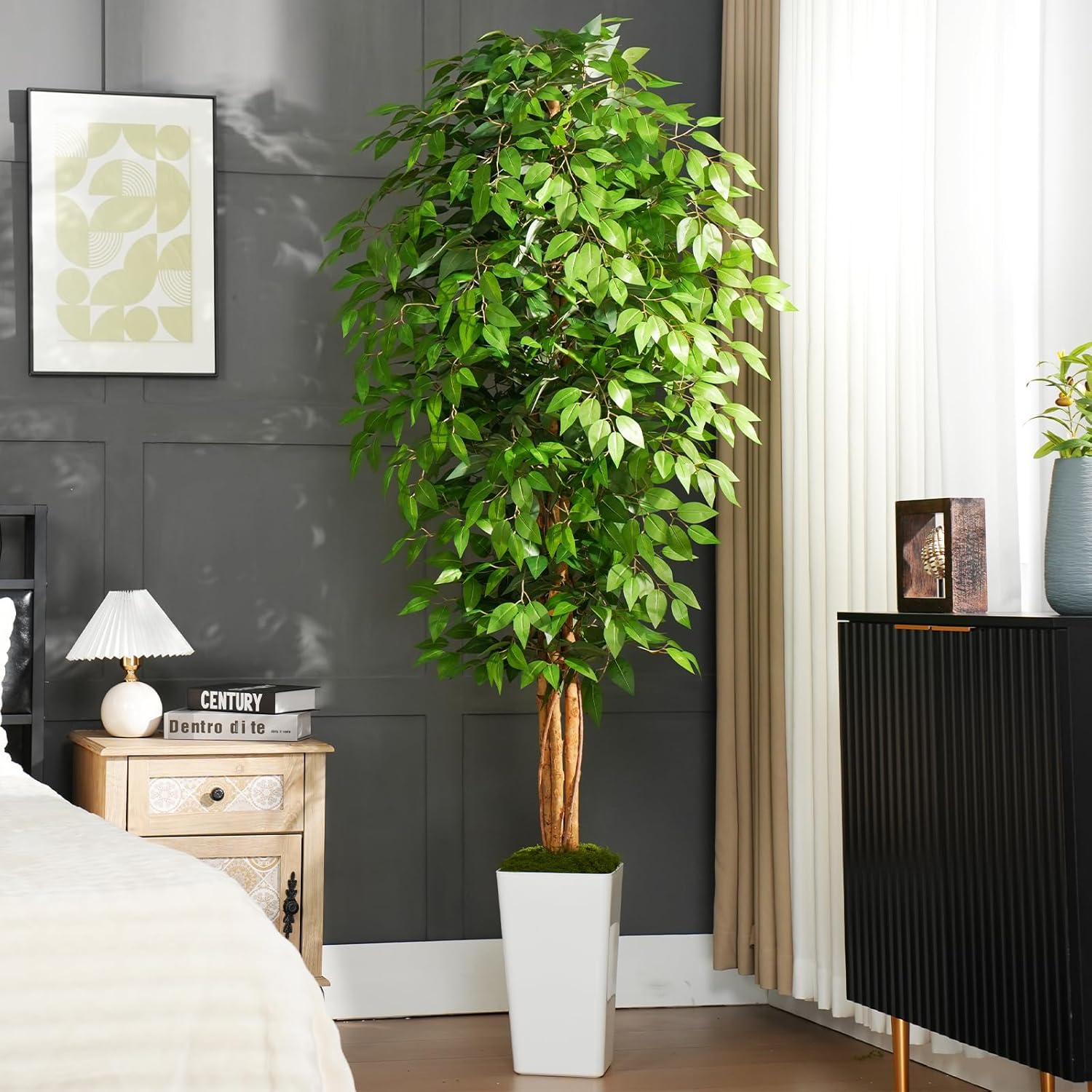 7ft Ficus Artificial Tree with 3 Curved Trunks and White Planter