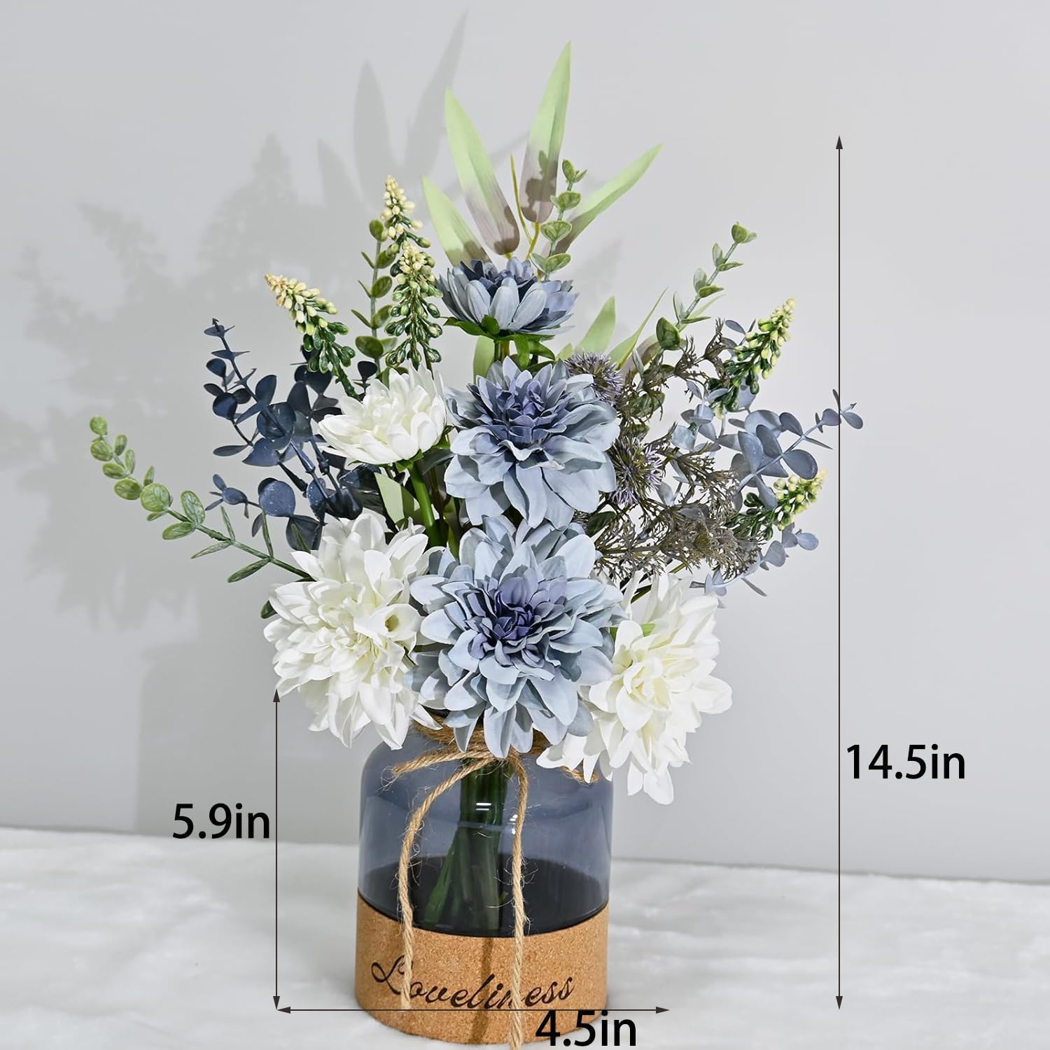 LADADA Floral Arrangement with White and Blue Flowers in Glass Vase