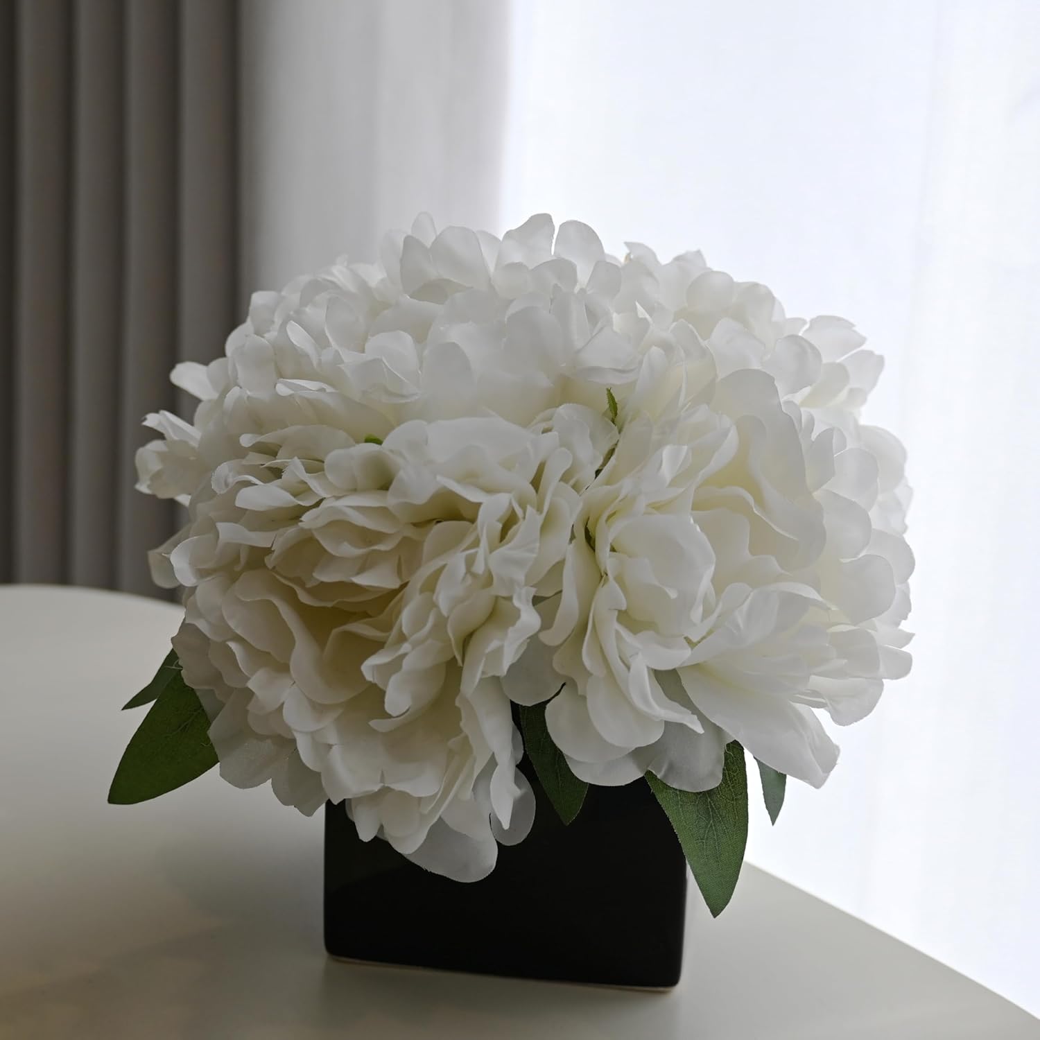LADADA Artificial Peony Bouquet in Square Black Ceramic Vase
