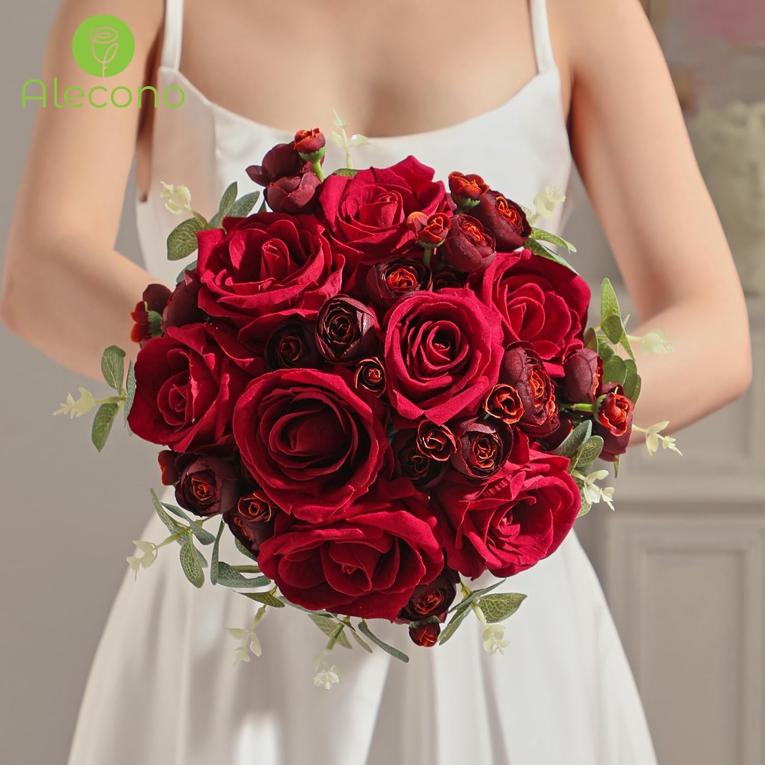 Alecono Real Touch Artificial Roses 20Pcs 4in Red Velvet Flowers