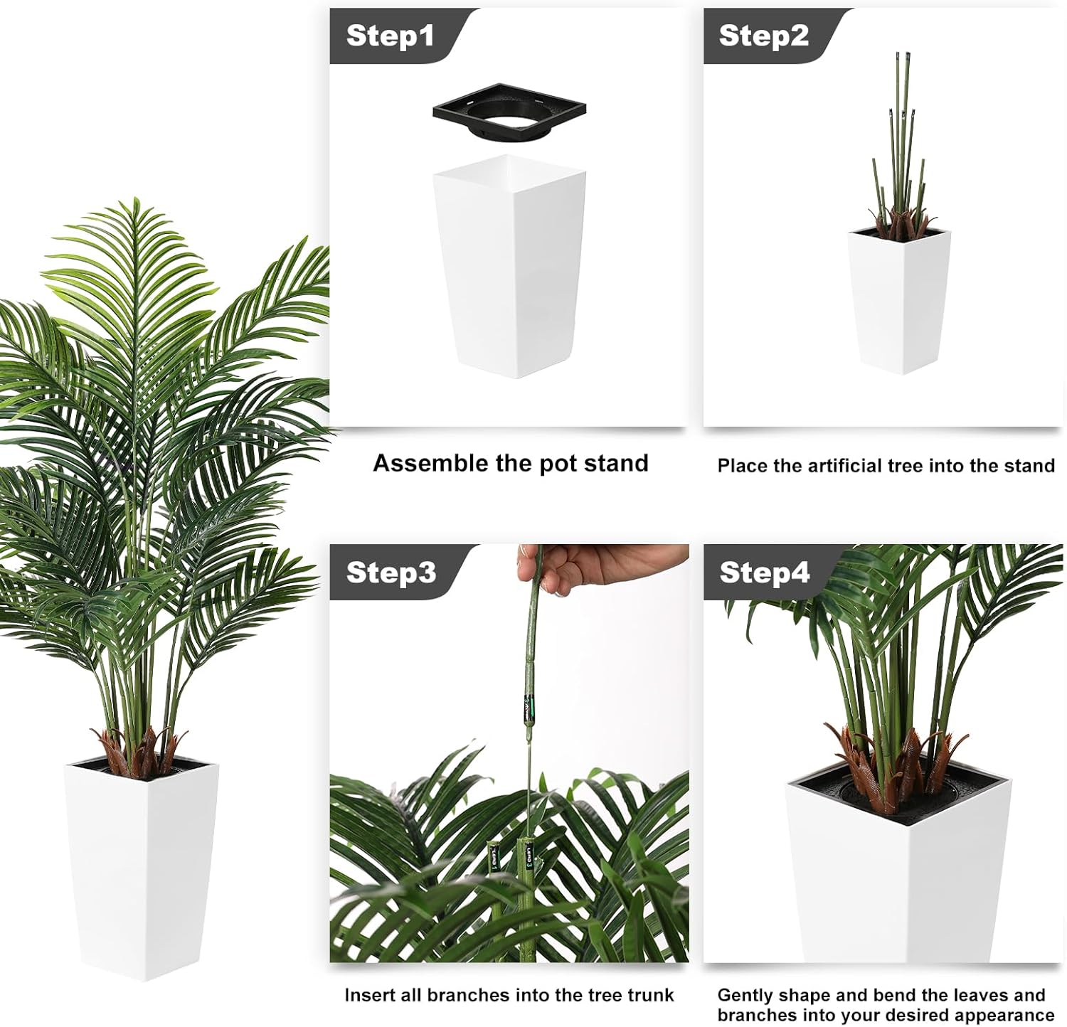 FEELEAD 5FT Artificial Golden Cane Palm Tree with White Planter