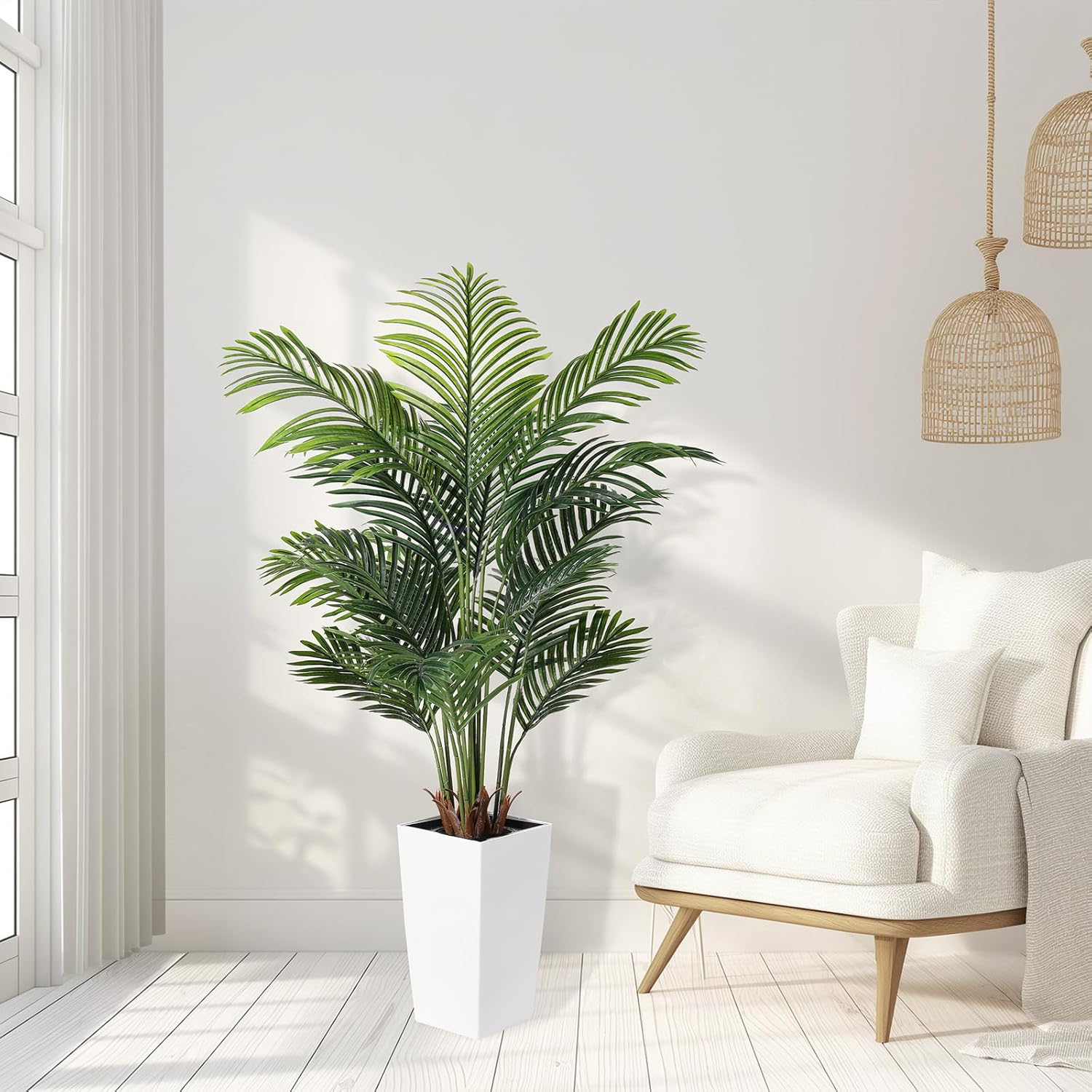 FEELEAD 5FT Artificial Golden Cane Palm Tree with White Planter