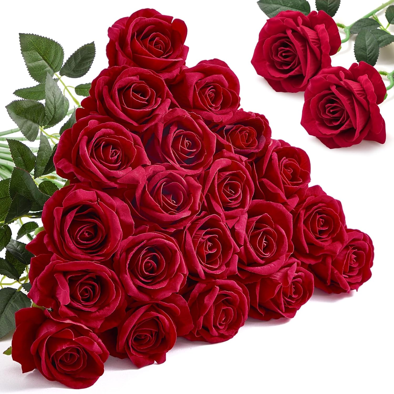Alecono Real Touch Artificial Roses 20Pcs 4in Red Velvet Flowers