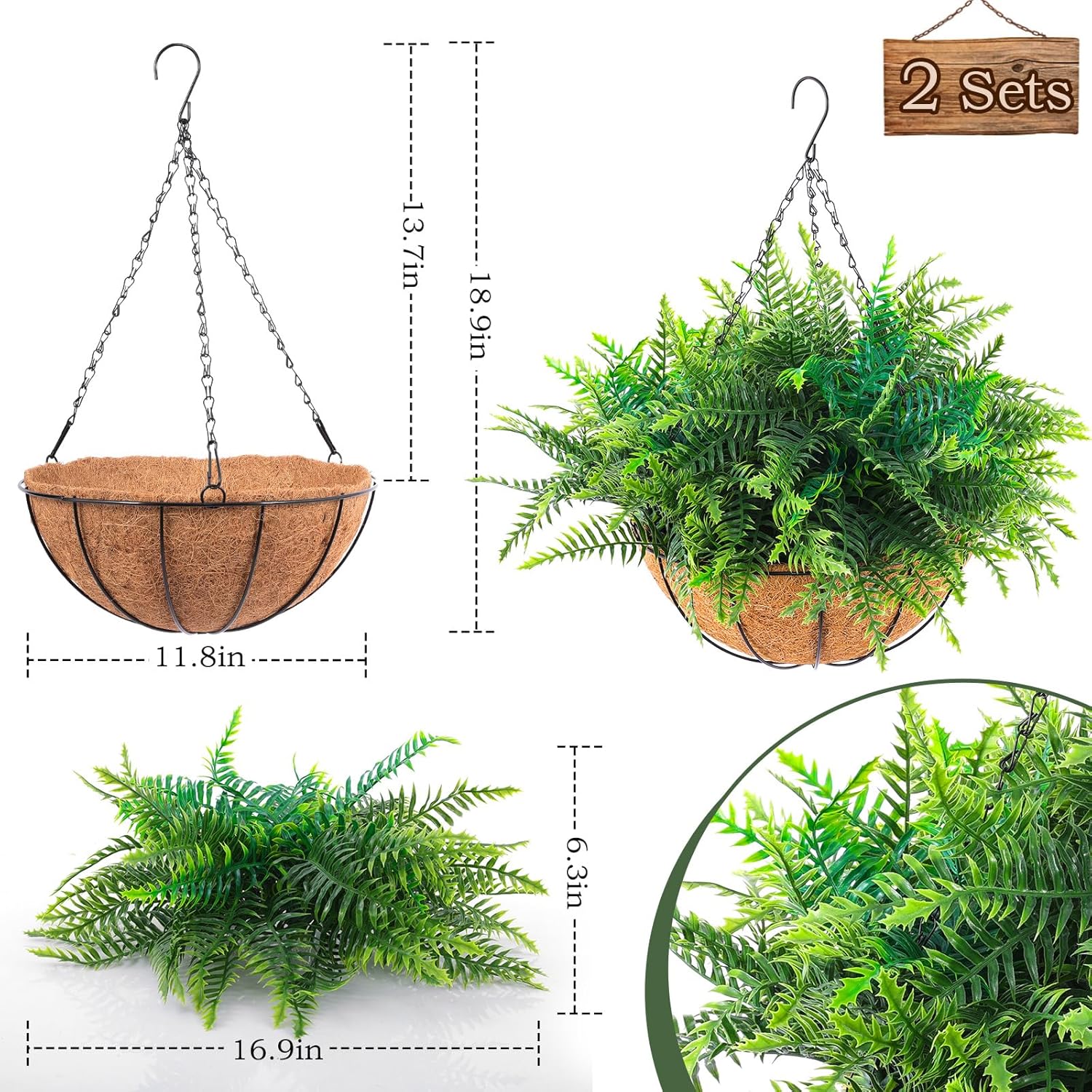 Hananona 2 Set Fake Hanging Ferns for Outdoor Use