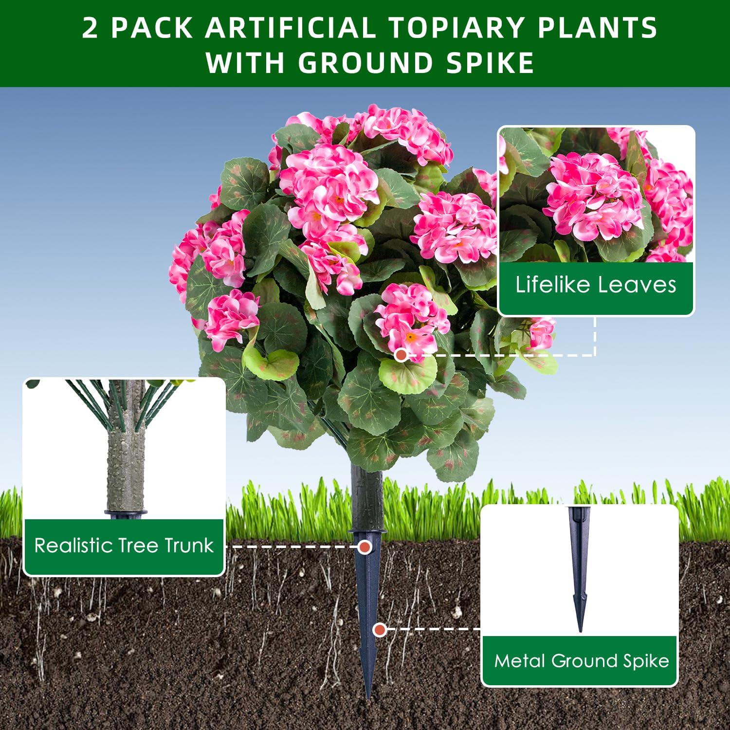 GarveeHome 216 inch Artificial Topiary Ball Set of 2 with Metal Spikes Pink