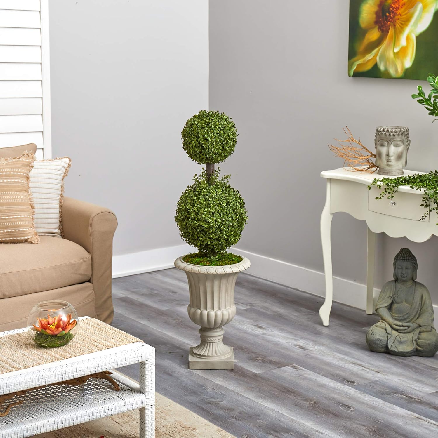 Nearly Natural 4ft Double Boxwood Topiary with Sand Urn