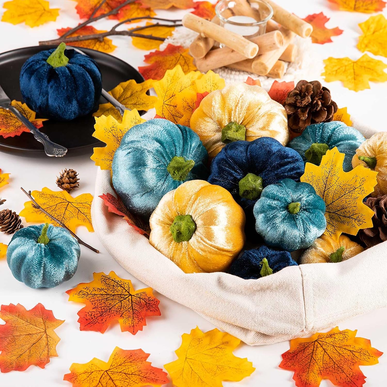 Ywlake 12 Pcs Artificial Blue Velvet Pumpkins Fall Decor