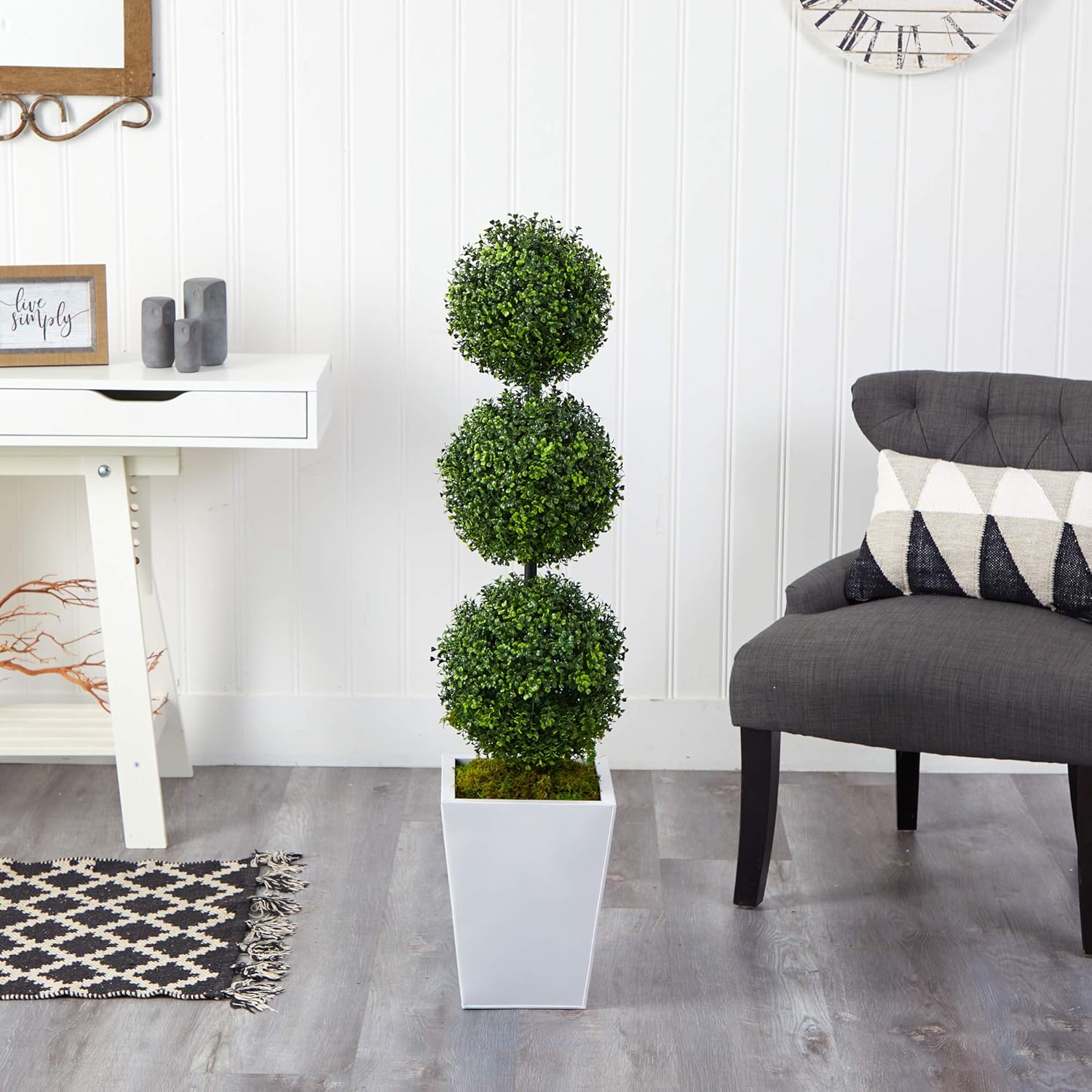 Nearly Natural 46in Boxwood Triple Ball Topiary Artificial Tree in White Metal Planter