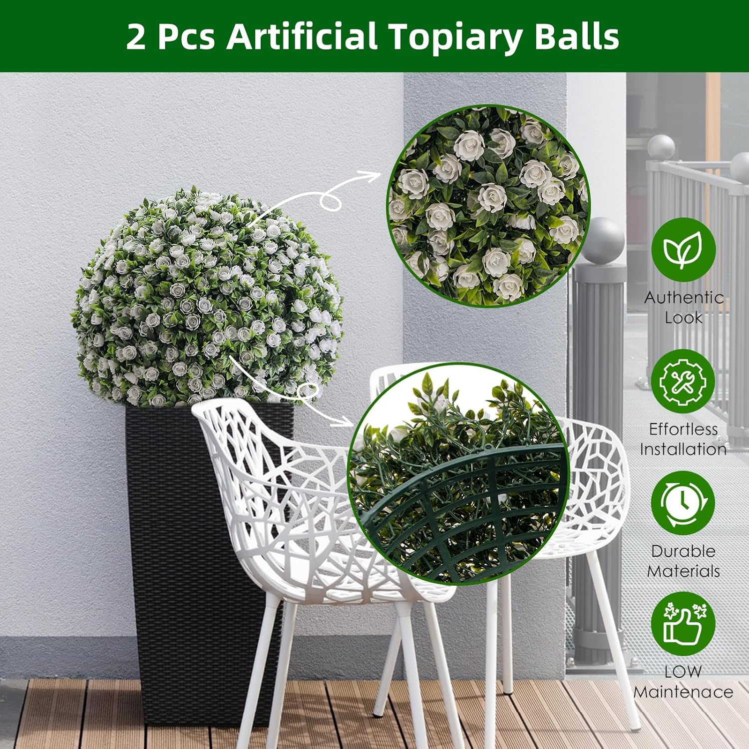 15 Inch White Rose Topiary Balls Set of 2
