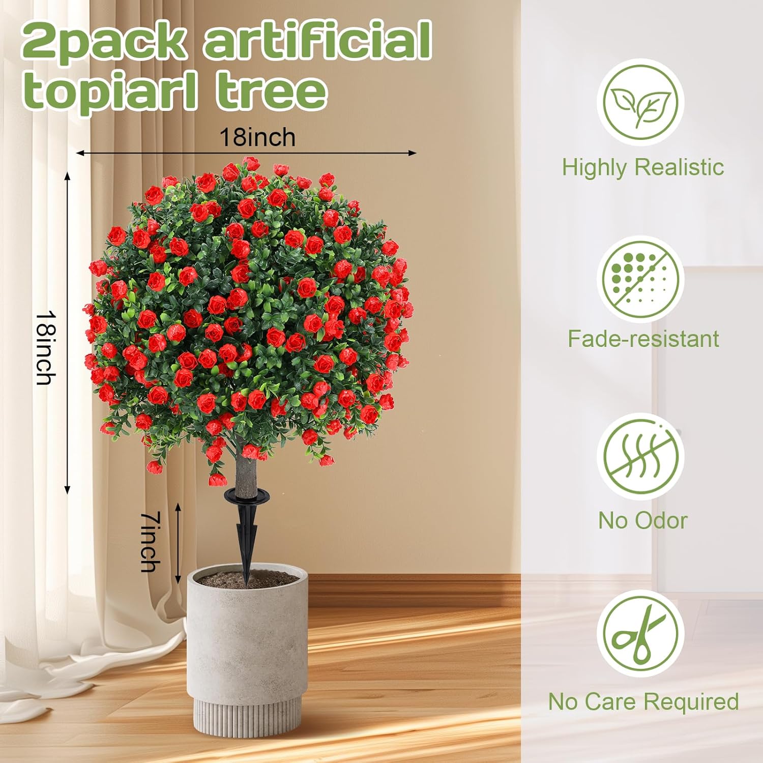 Artificial Red Rose Ball Tree 25 Inches Set of 2 UV Resistant