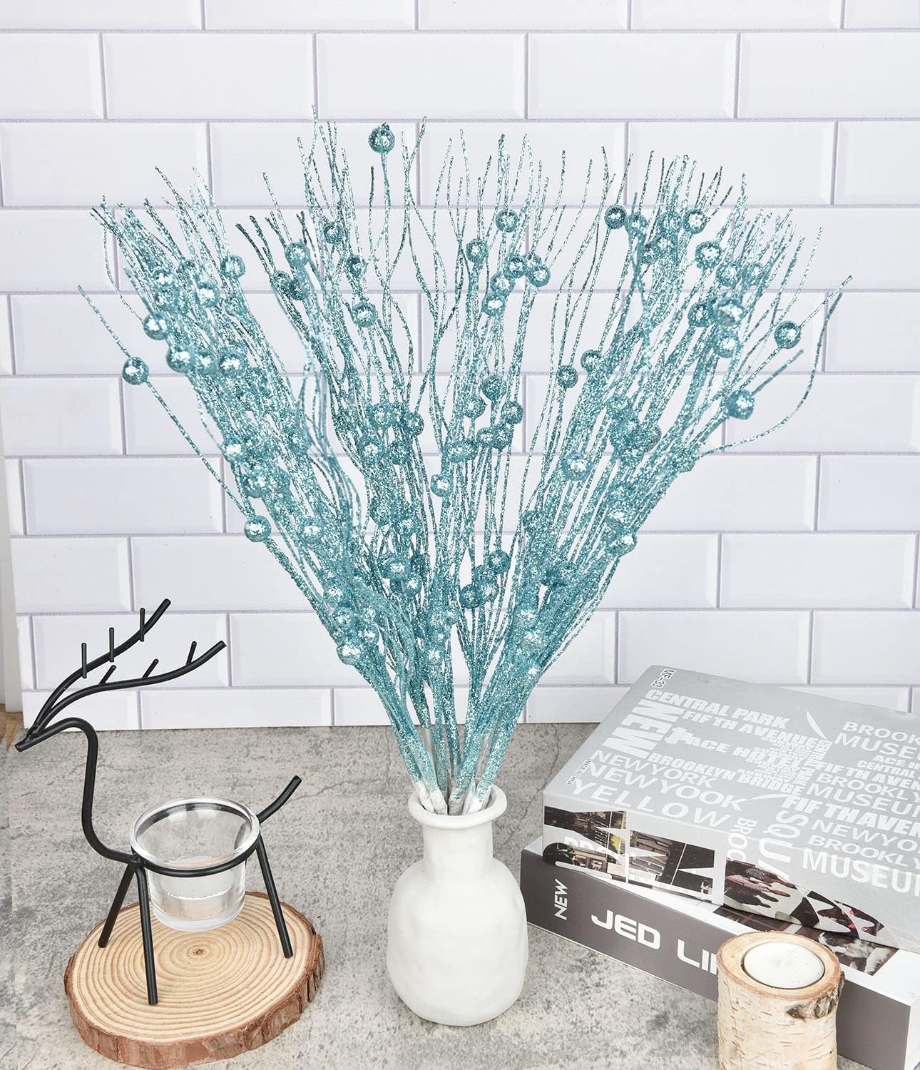 Lvydec 22pcs Christmas Glitter Berries with Stems Blue