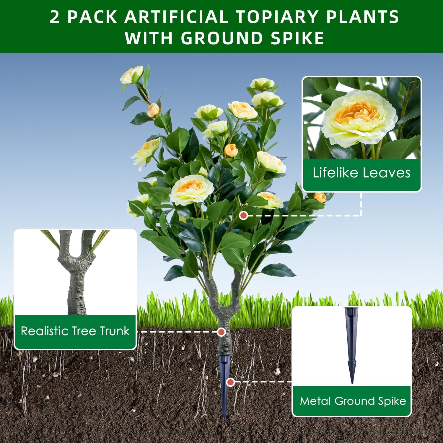 Gaderth 354 Inch Artificial Topiary Tree Set Yellow Camellia