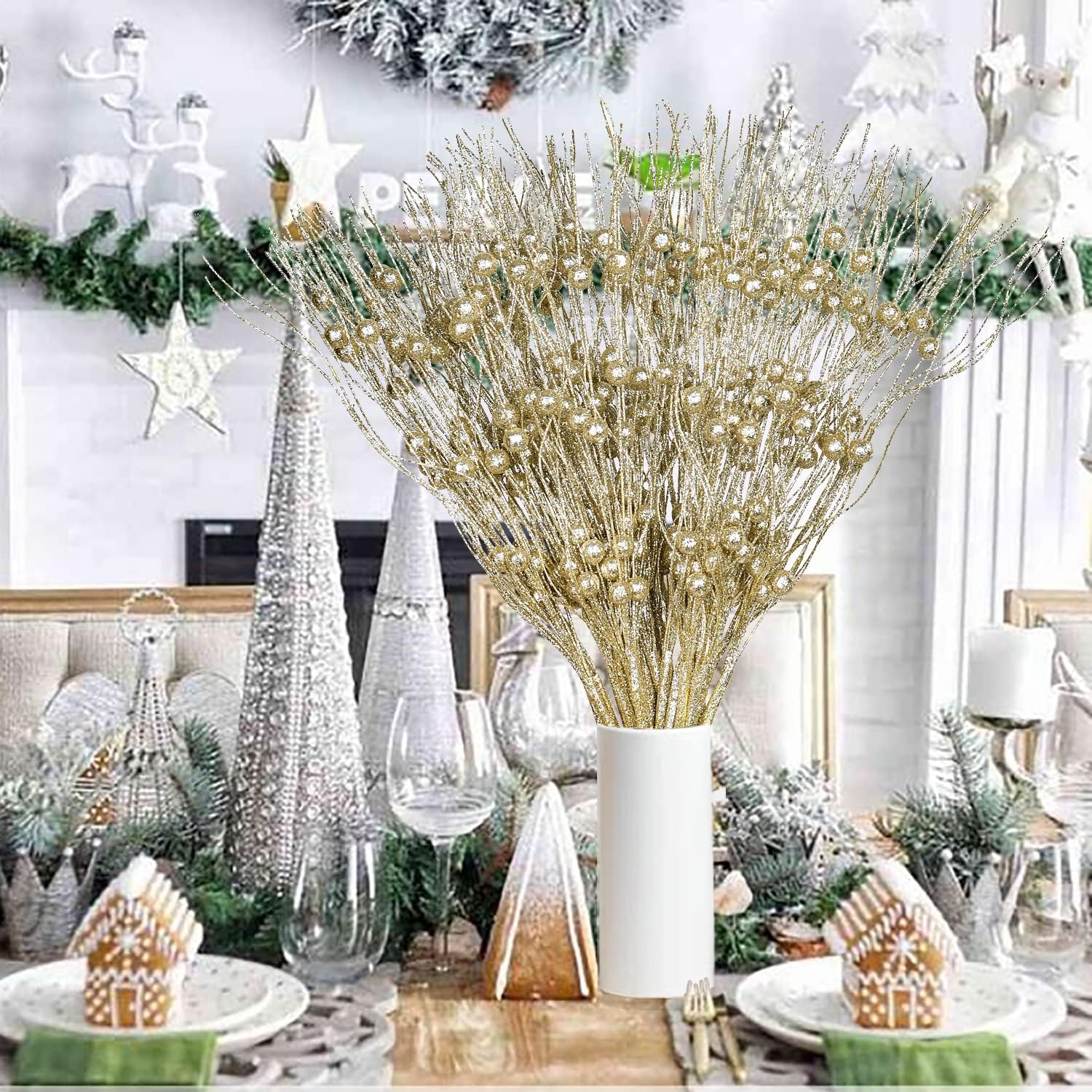 24 Pieces Christmas Glitter Berry Stems for Decor