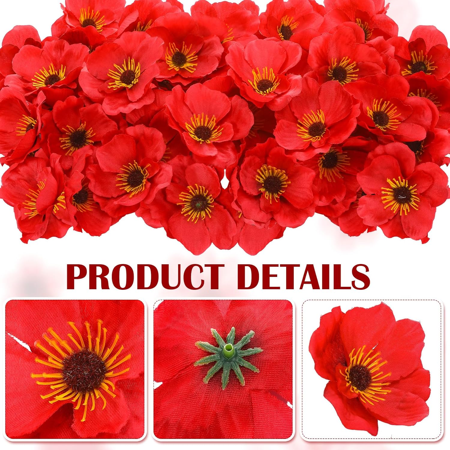 Zeyune 60 Pcs Artificial Red Poppy Flowers 315 Inch