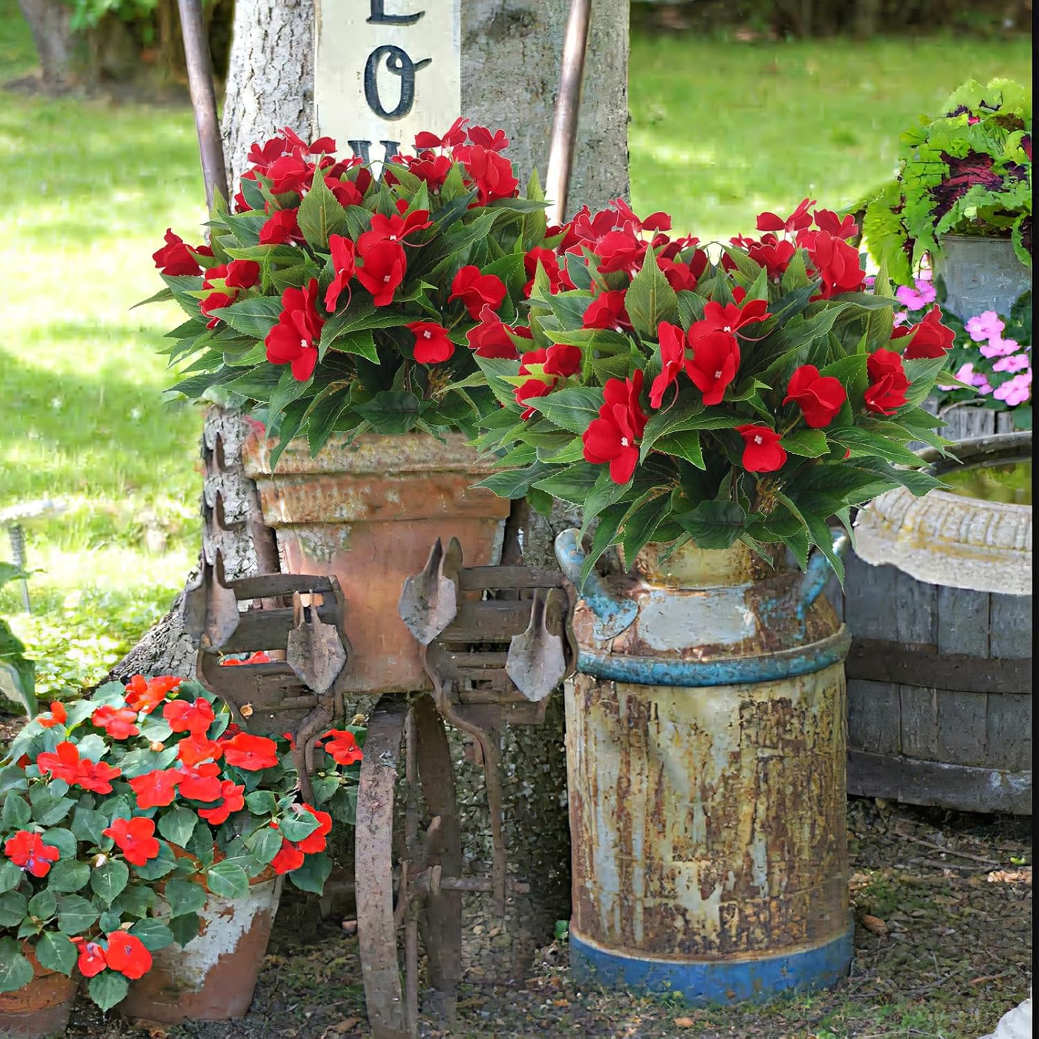2 Pcs Artificial Impatiens Flowers for Outdoor Decor
