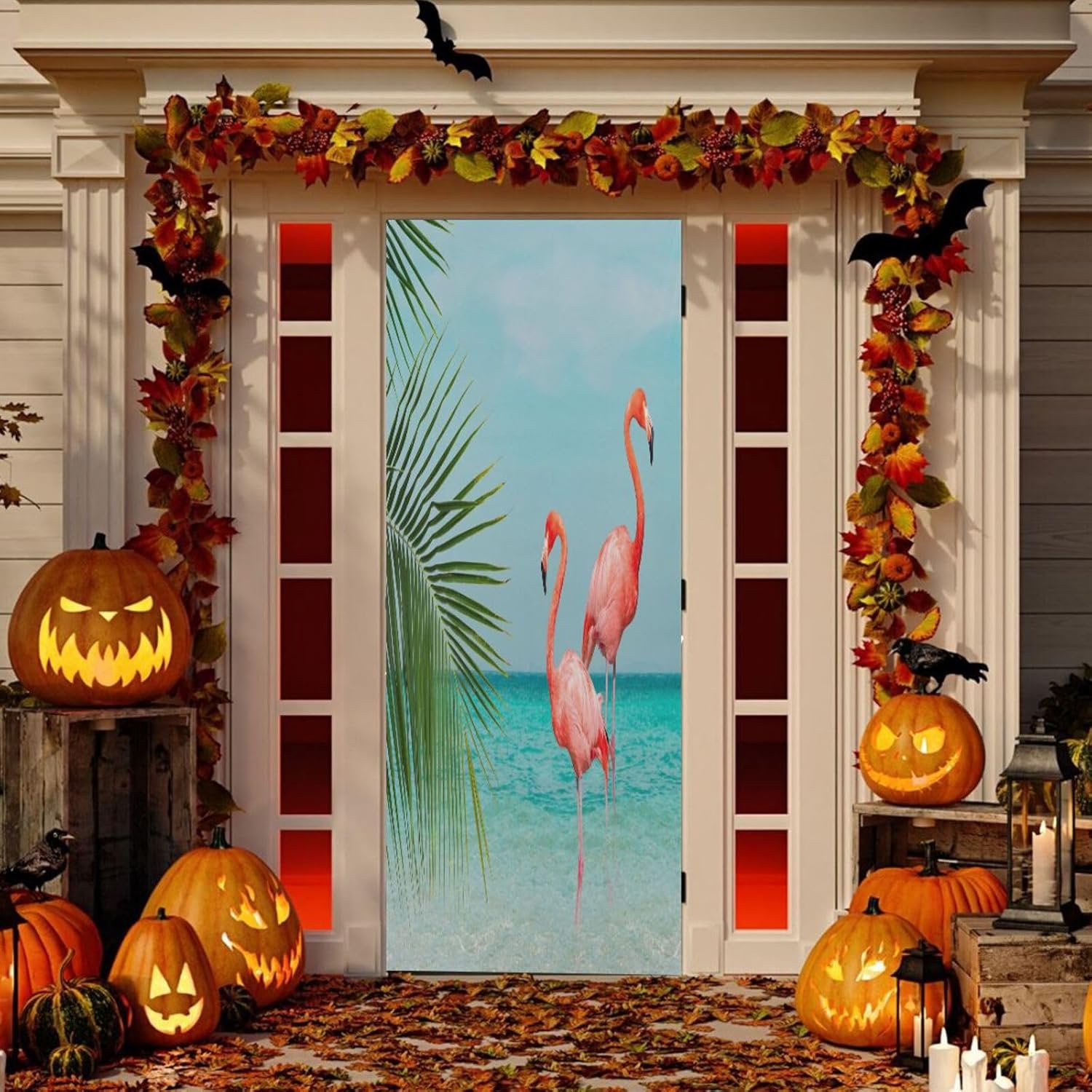 Susiyo Blue Beach Flamingos Door Cover for Halloween
