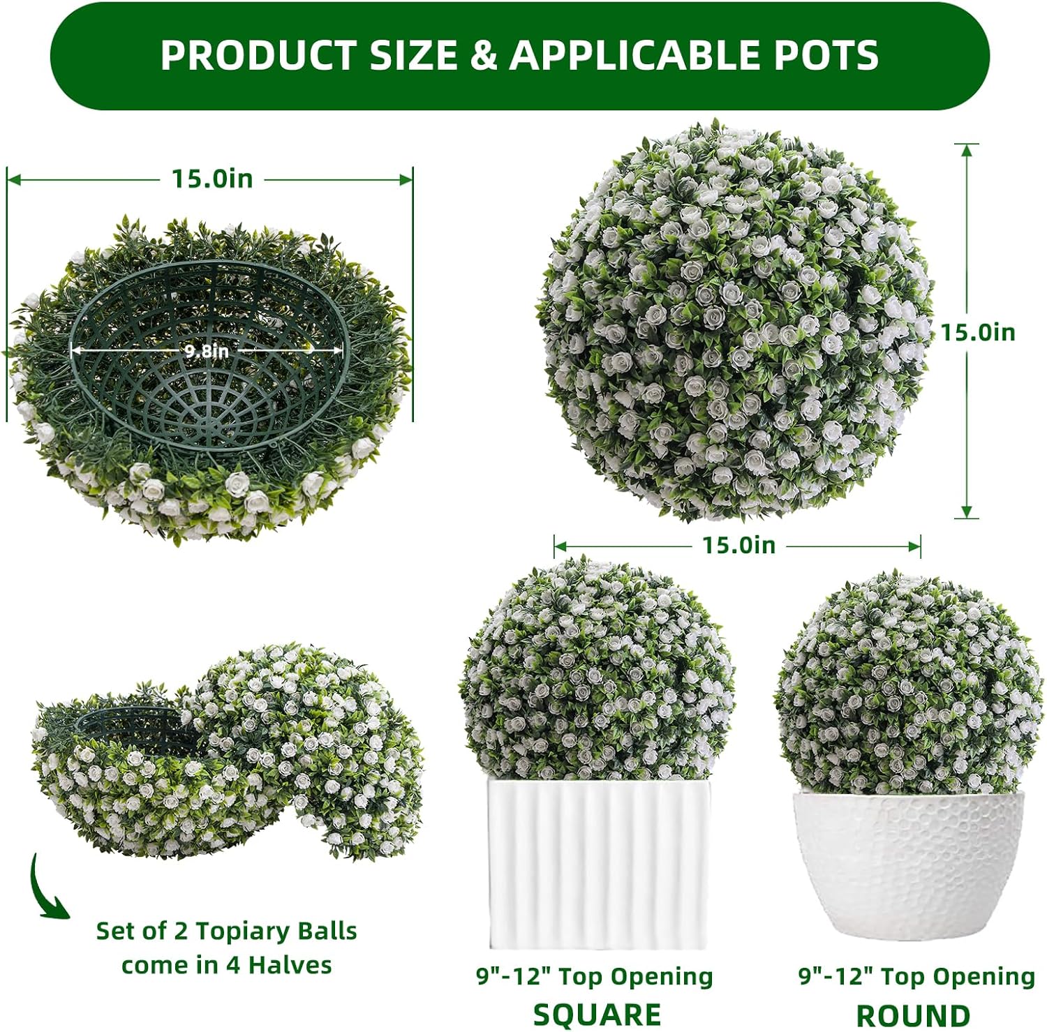 15 Inch White Rose Topiary Balls Set of 2